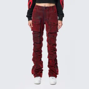 High Rise Stacked Flocked  Jeans - Crimson