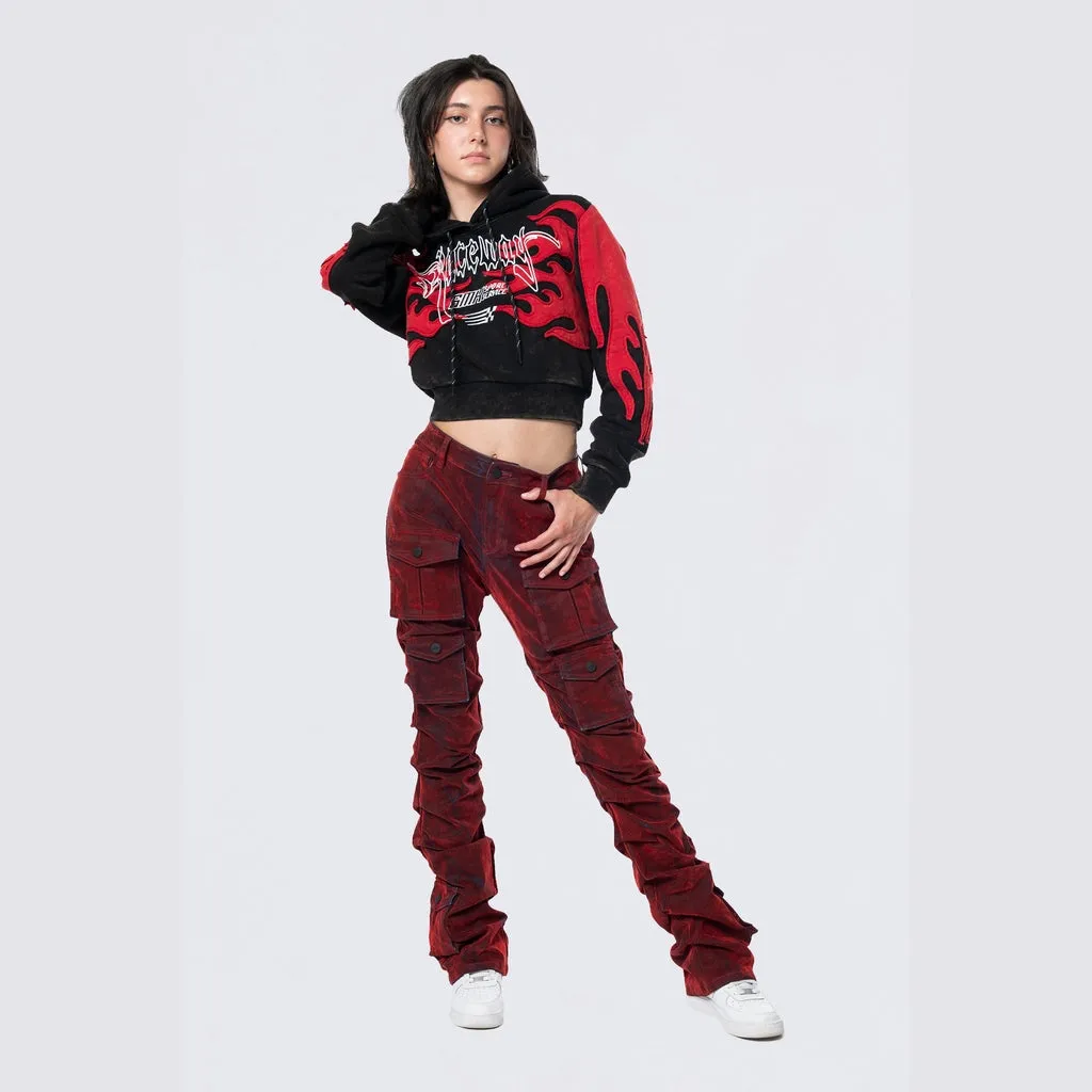 High Rise Stacked Flocked  Jeans - Crimson