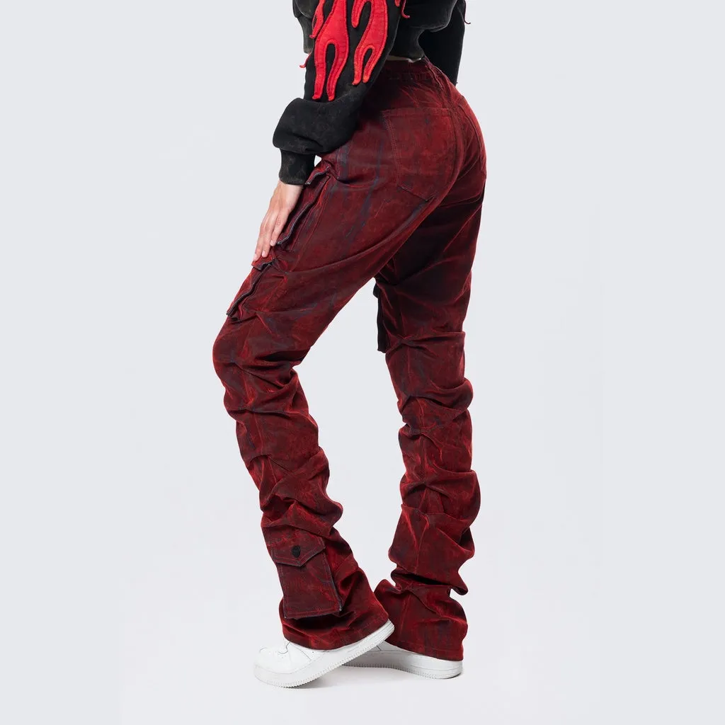 High Rise Stacked Flocked  Jeans - Crimson