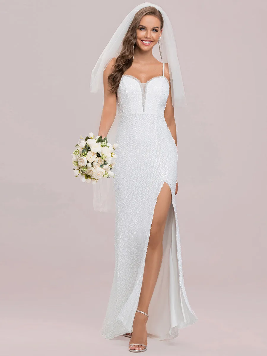 High Split Wholesale Sequin Wedding Dresses With Spaghetti Straps