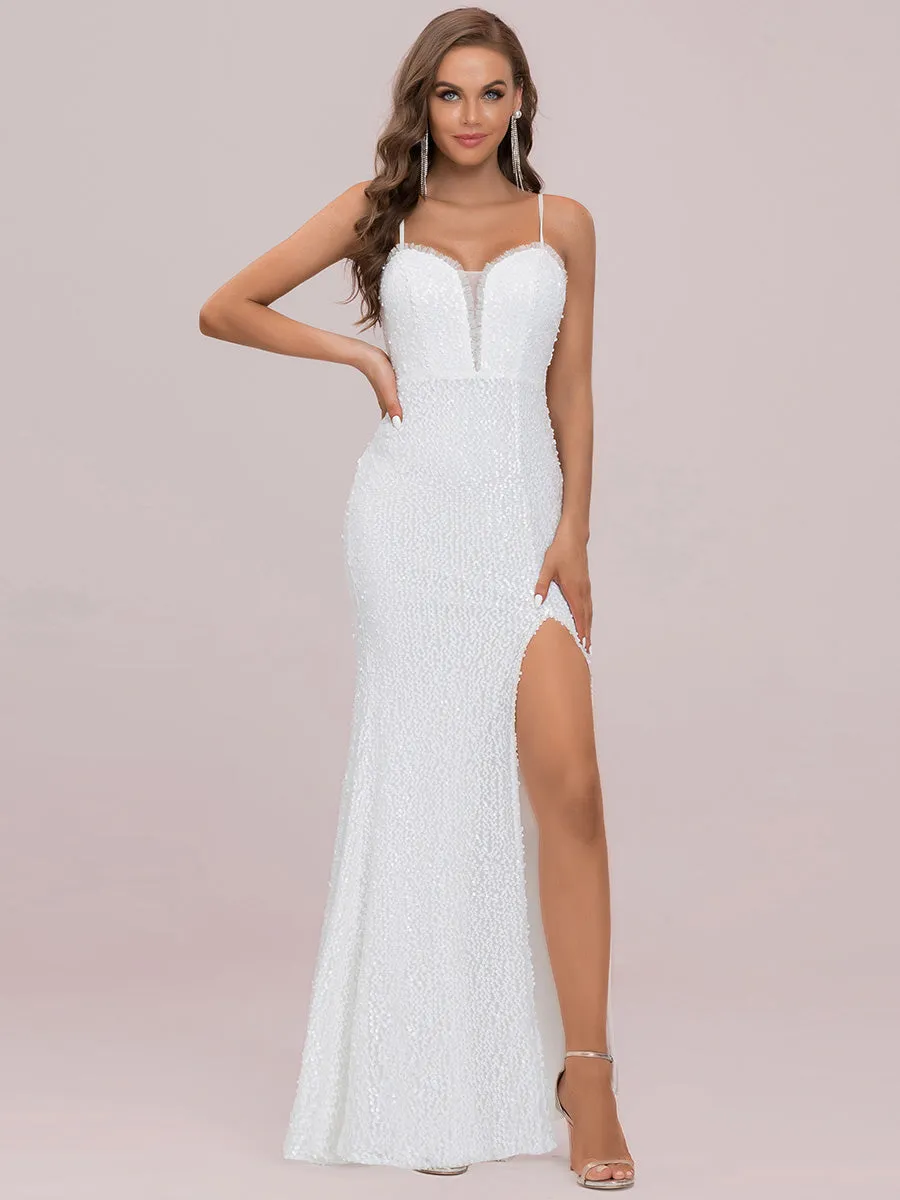 High Split Wholesale Sequin Wedding Dresses With Spaghetti Straps