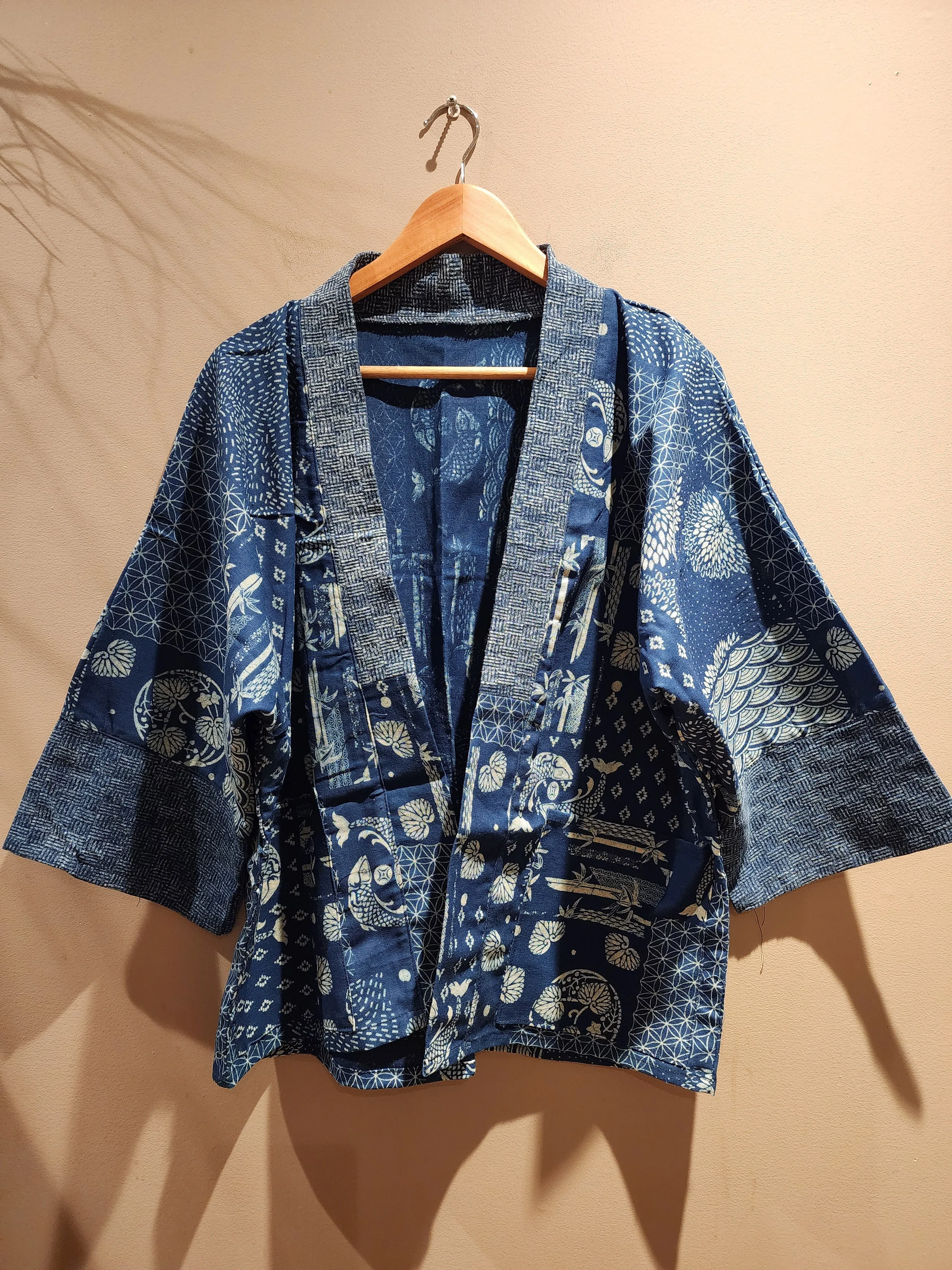 Indigo Patchwork Design Style Waves Koi Jacket