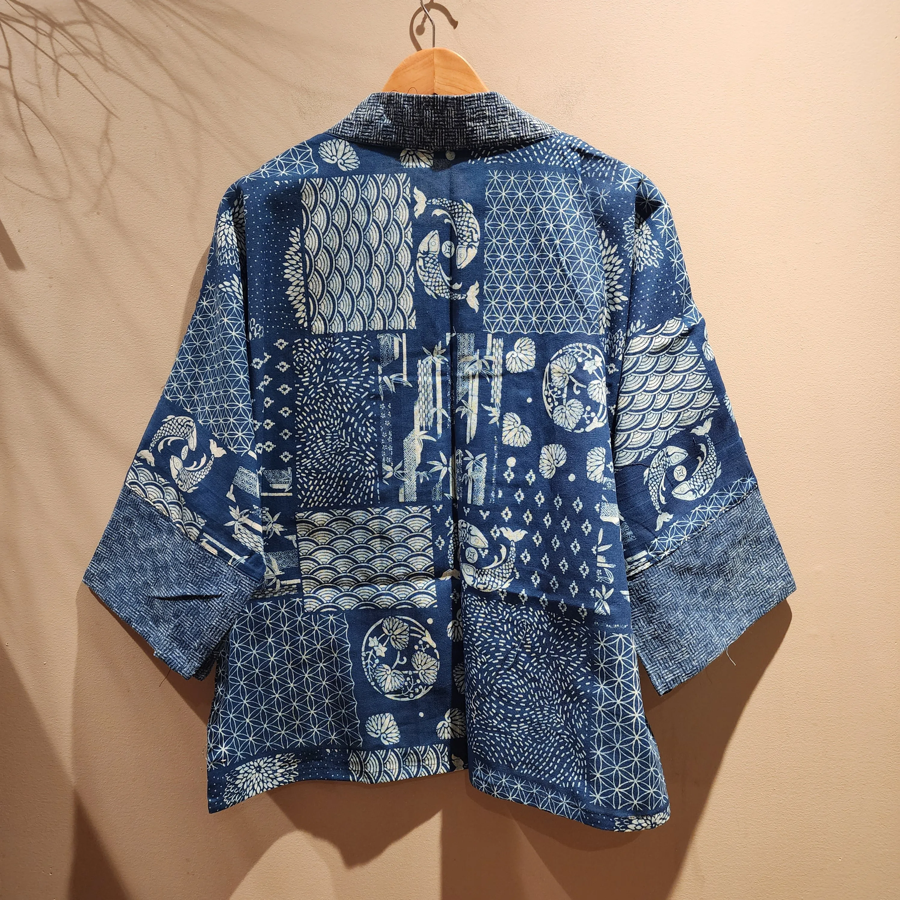 Indigo Patchwork Design Style Waves Koi Jacket