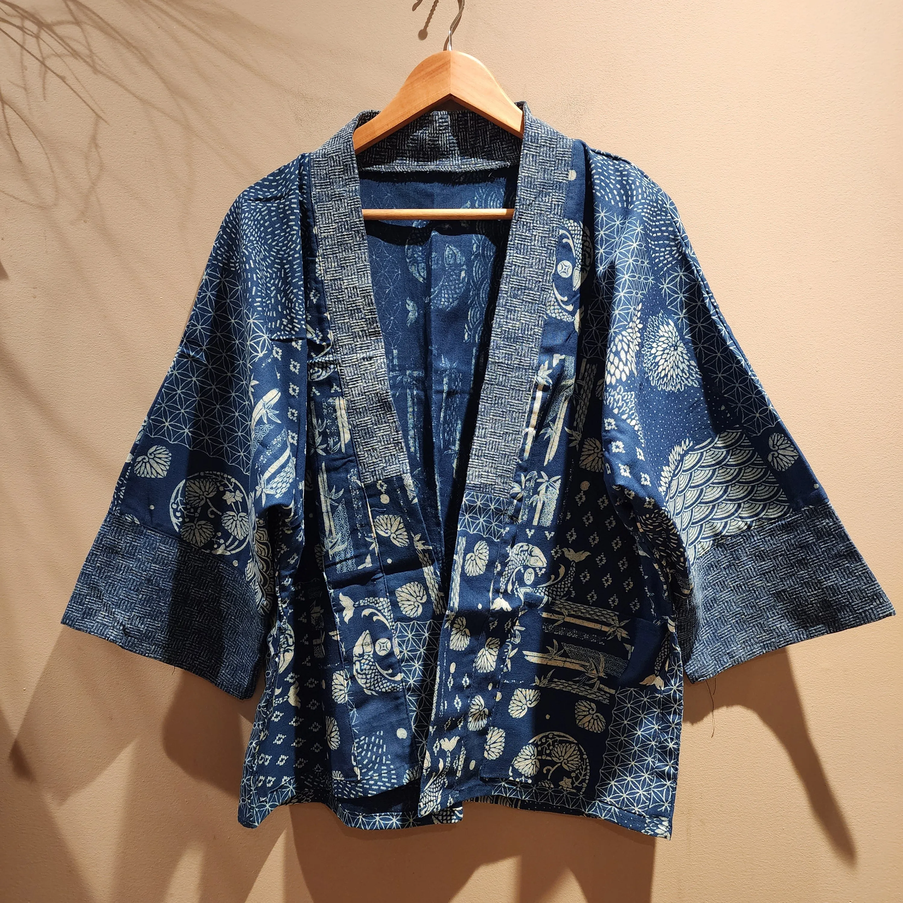 Indigo Patchwork Design Style Waves Koi Jacket