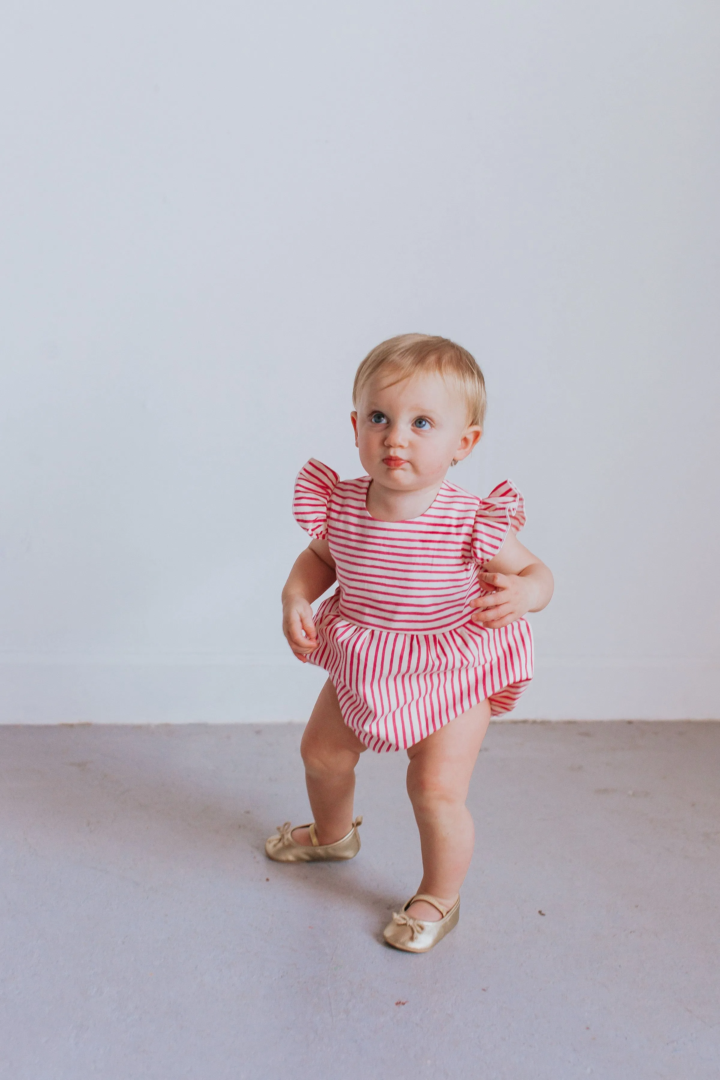 Infant Girl's Rifle Paper Pink and White Stripe Cotton Bubble Romper