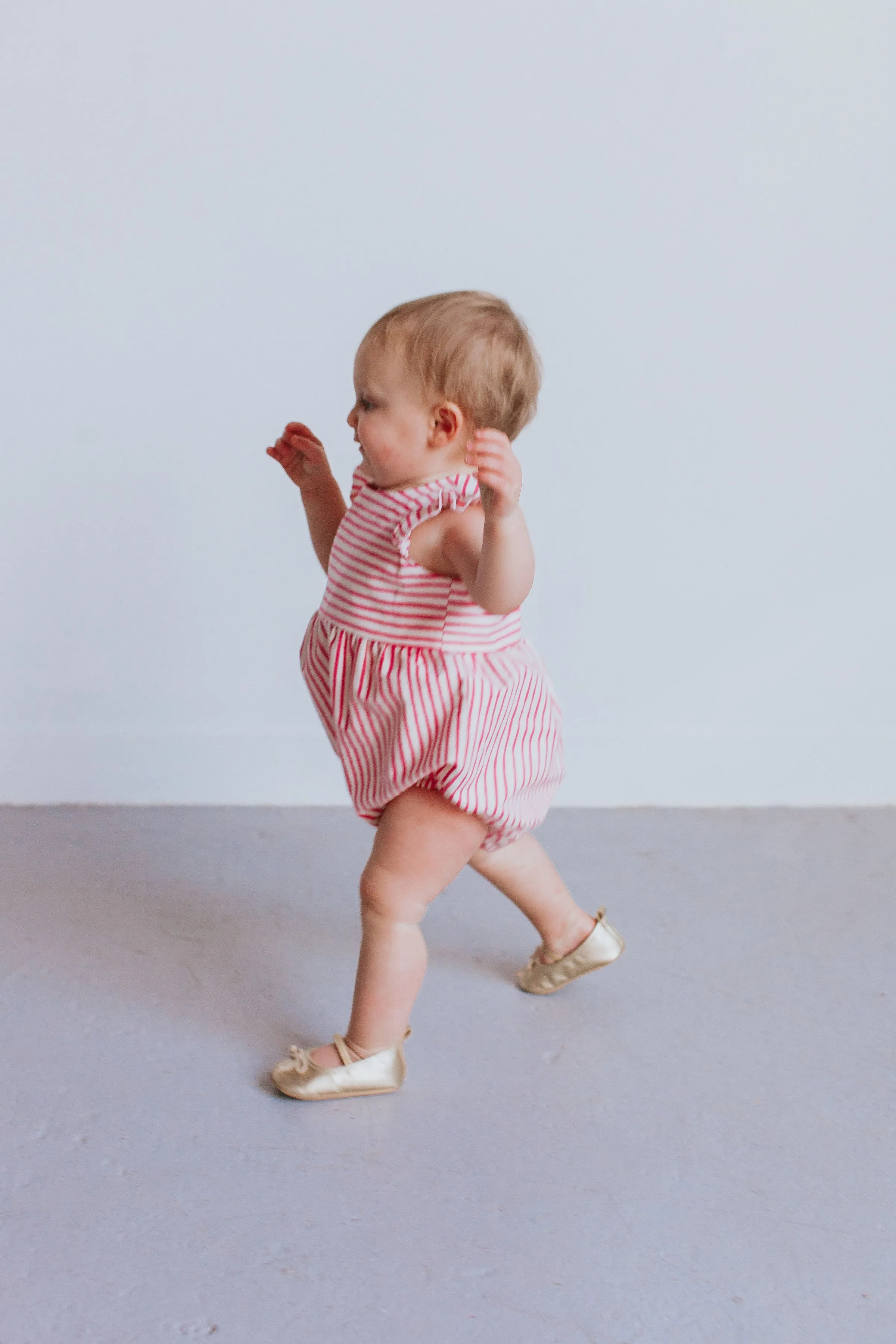 Infant Girl's Rifle Paper Pink and White Stripe Cotton Bubble Romper