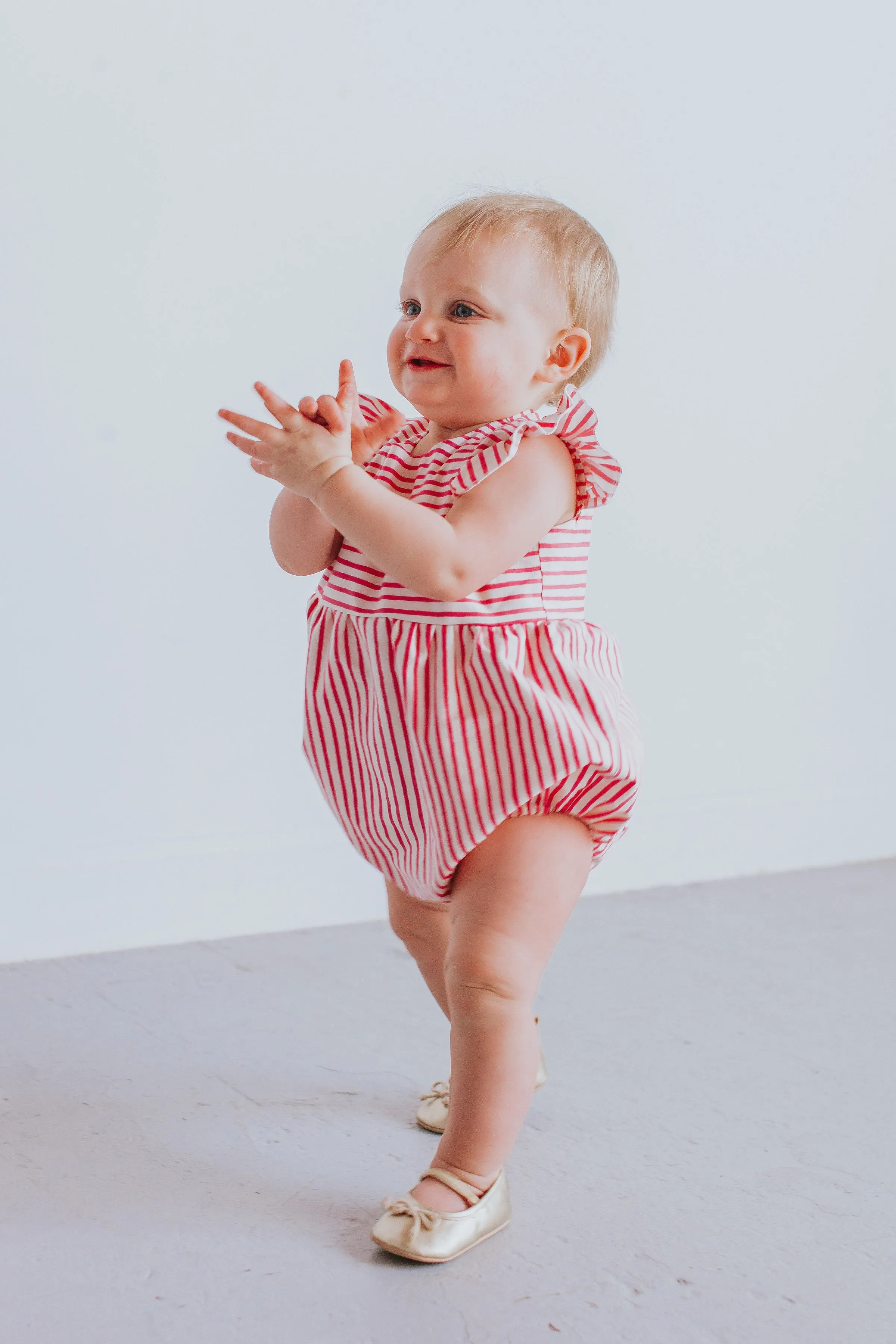 Infant Girl's Rifle Paper Pink and White Stripe Cotton Bubble Romper