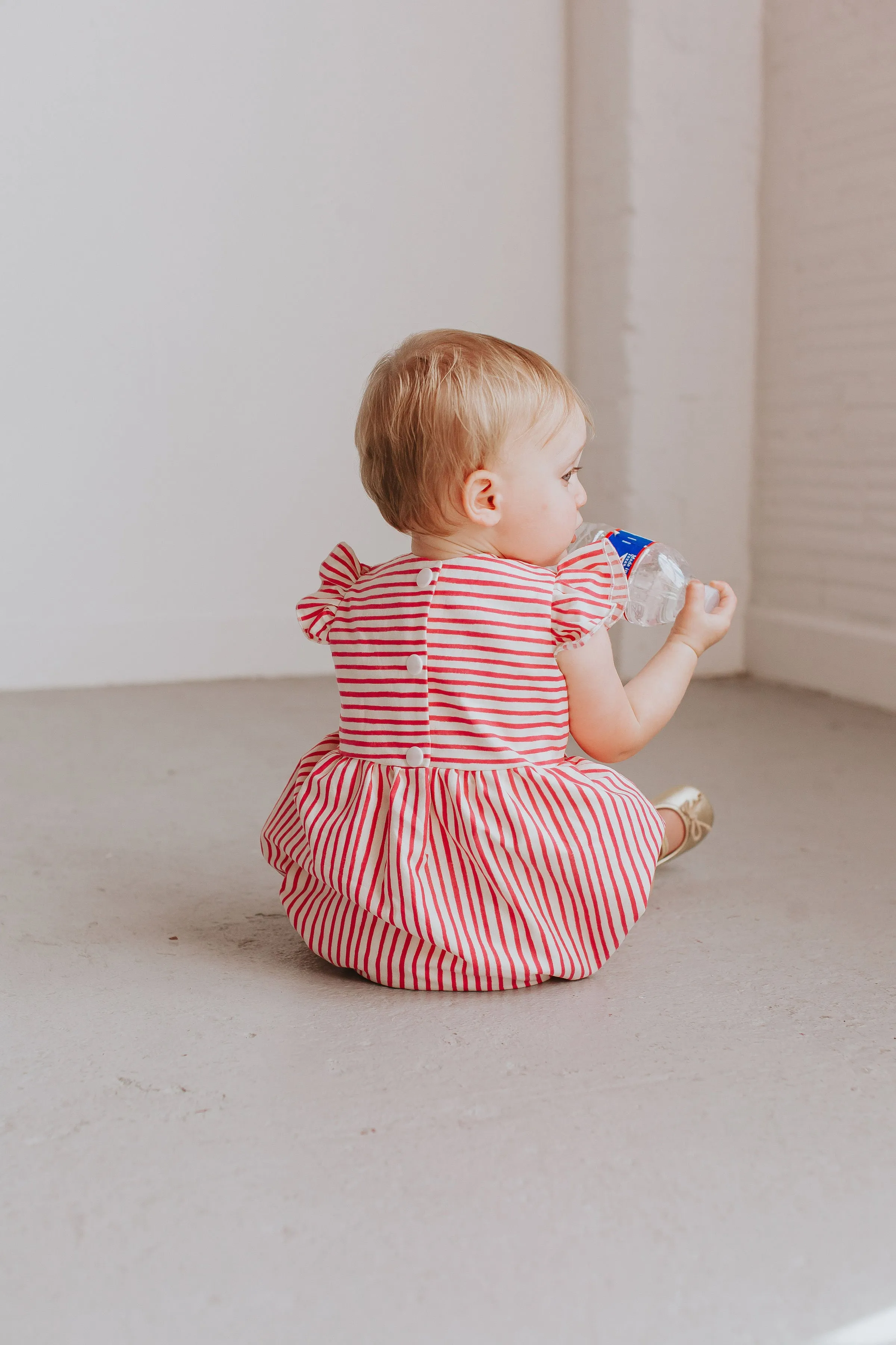 Infant Girl's Rifle Paper Pink and White Stripe Cotton Bubble Romper