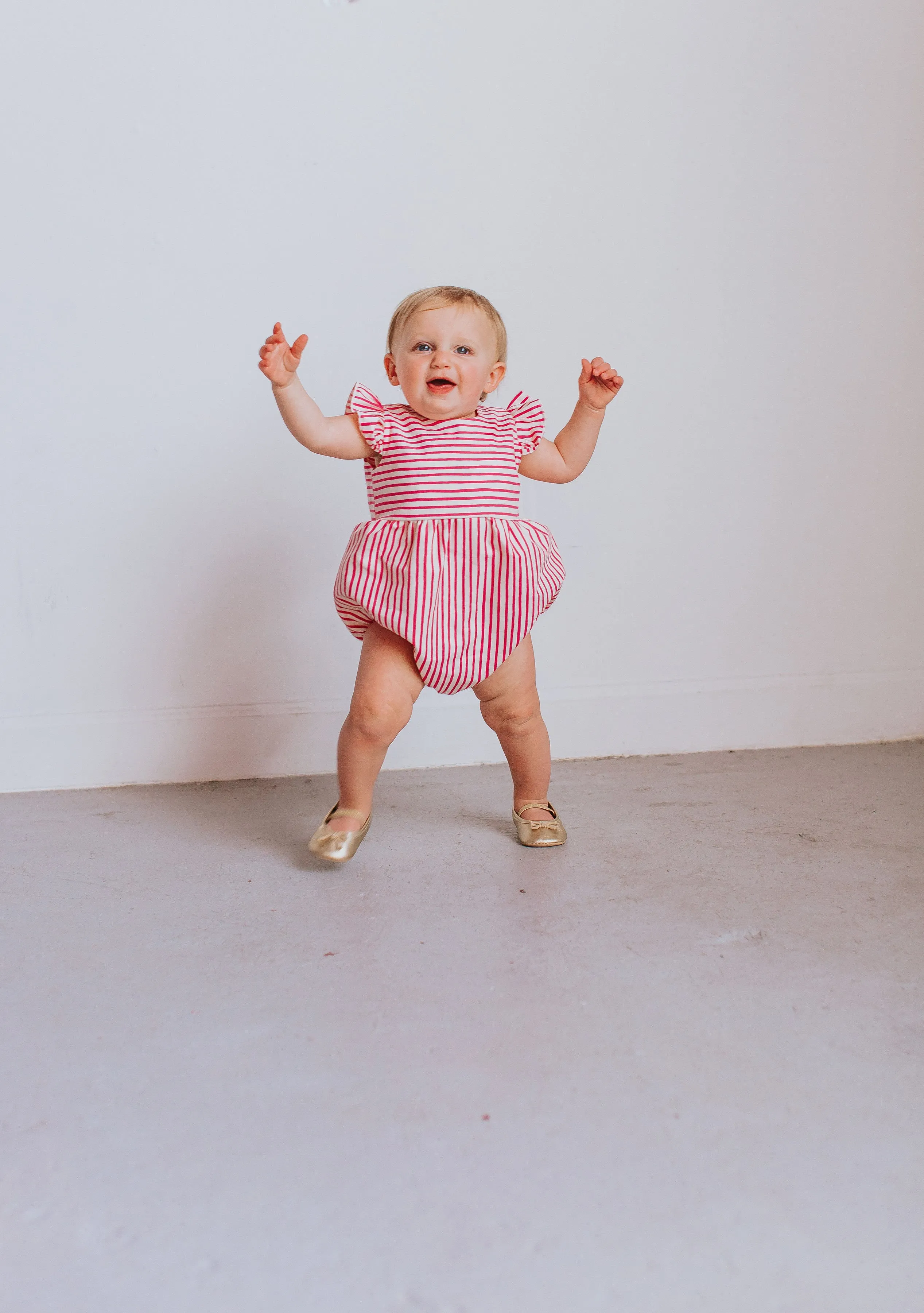 Infant Girl's Rifle Paper Pink and White Stripe Cotton Bubble Romper