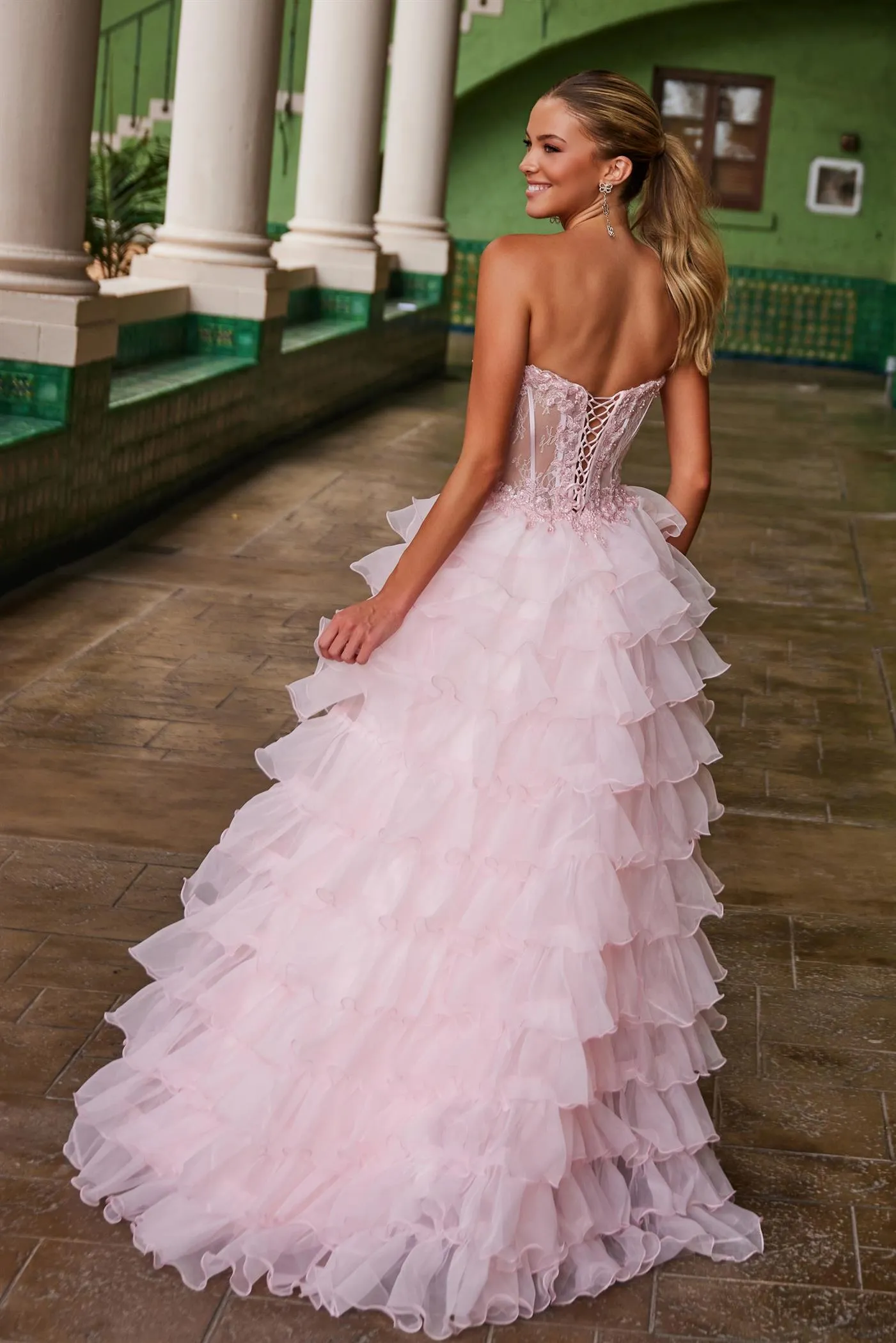 IRMA Strapless Tulle Layered Ruffle Prom & Formal Dress