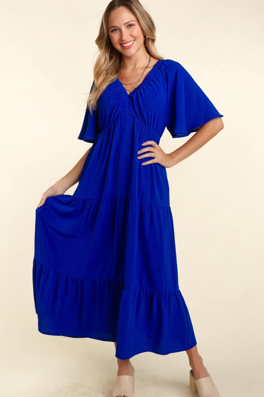 Island Time Tiered Babydoll Maxi Dress with Side Pocket in Royal