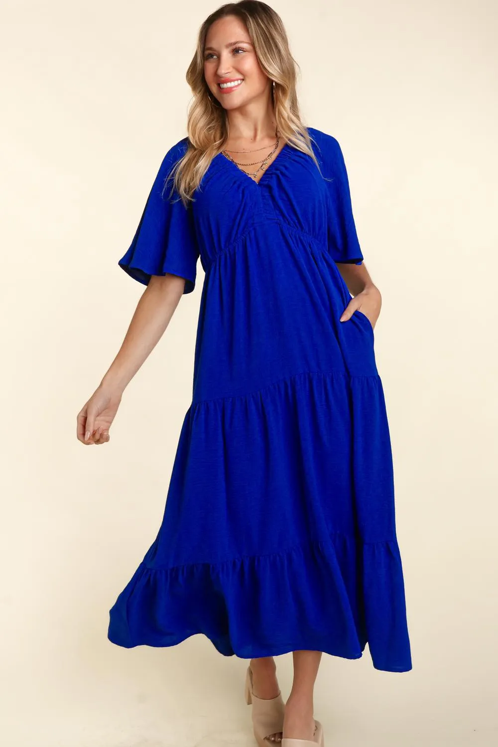 Island Time Tiered Babydoll Maxi Dress with Side Pocket in Royal