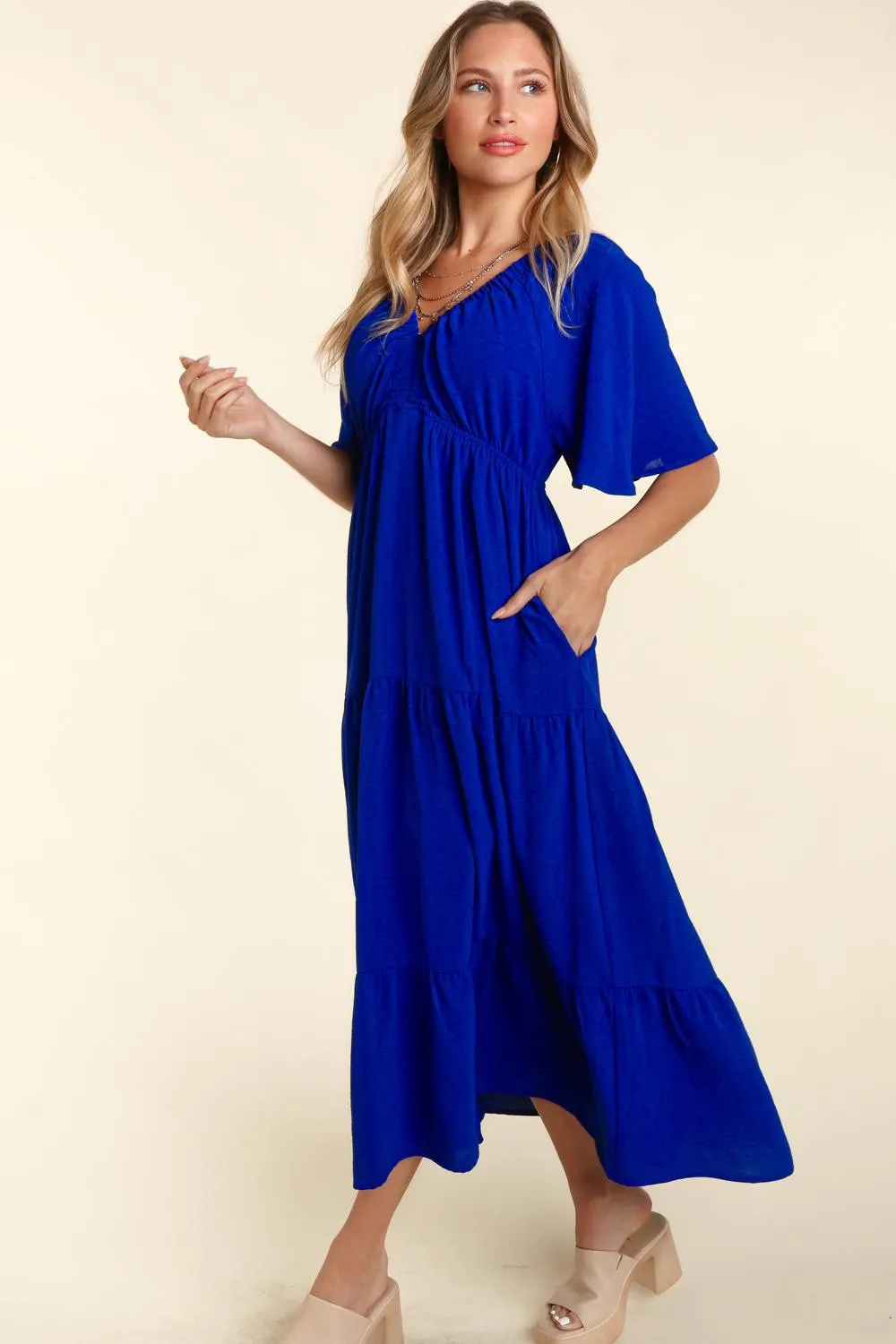 Island Time Tiered Babydoll Maxi Dress with Side Pocket in Royal