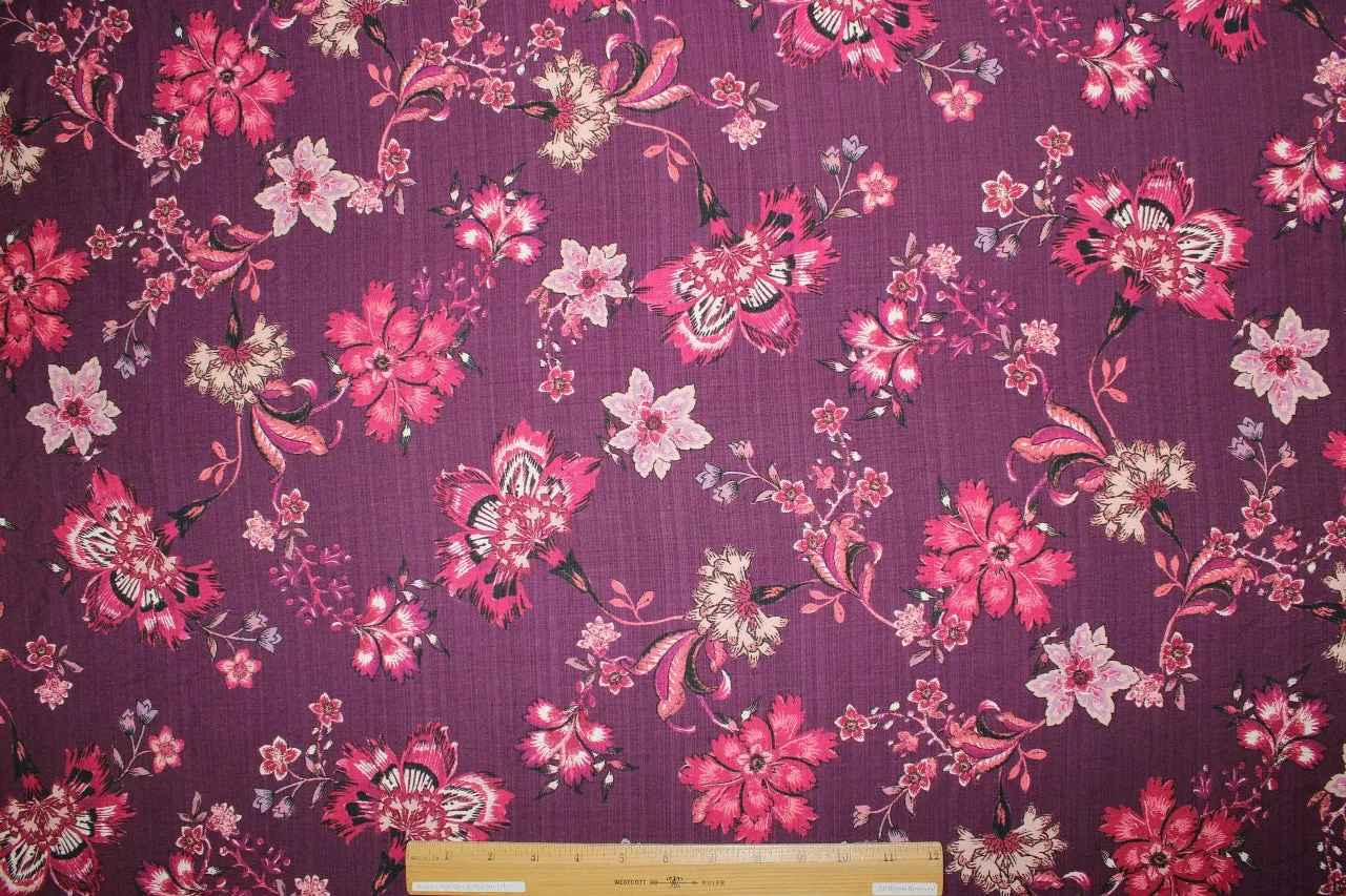 Italian Stylized Floral Rayon - Red Tones on Burgundy