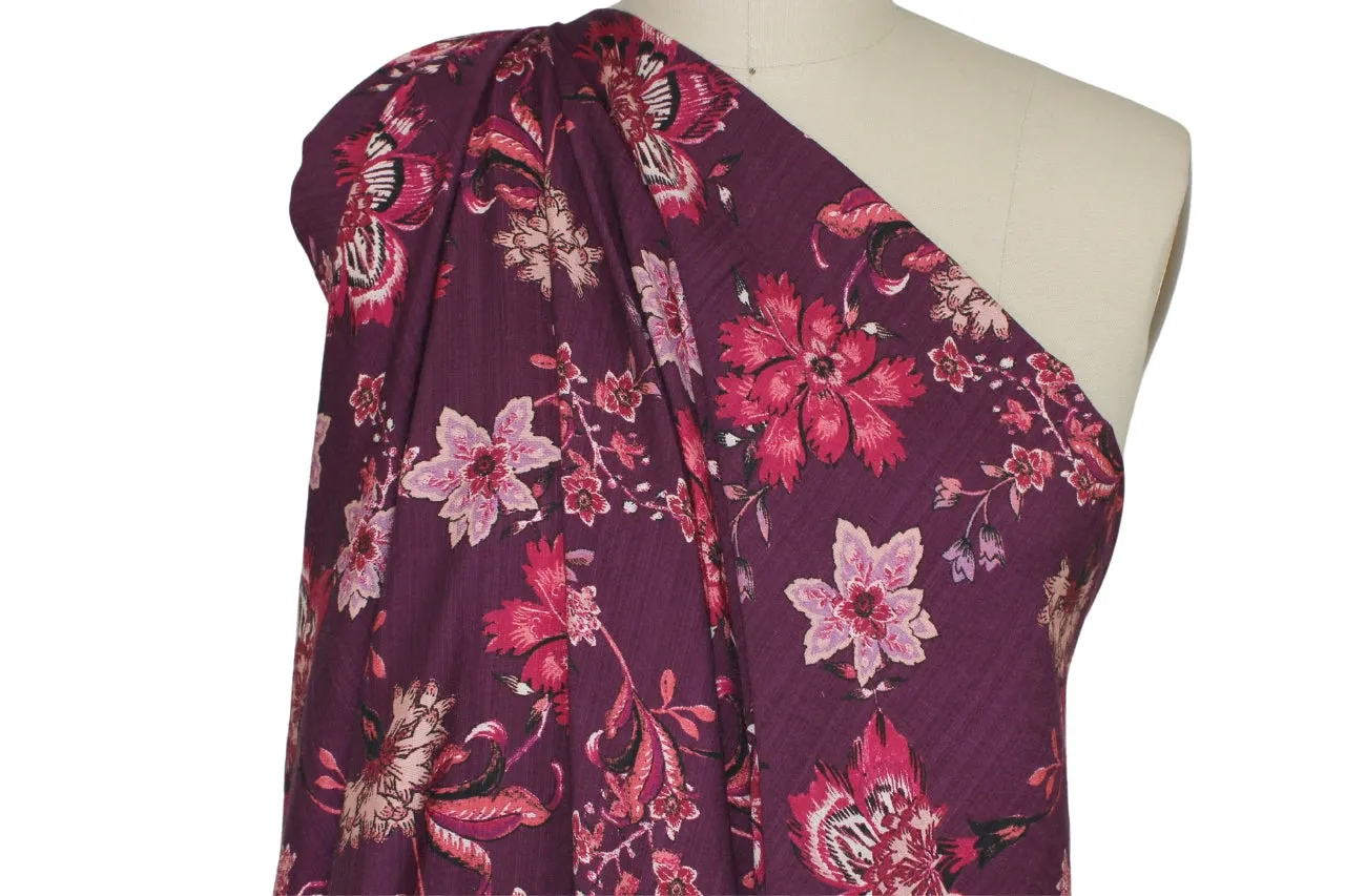 Italian Stylized Floral Rayon - Red Tones on Burgundy