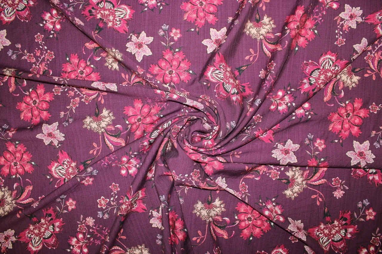 Italian Stylized Floral Rayon - Red Tones on Burgundy