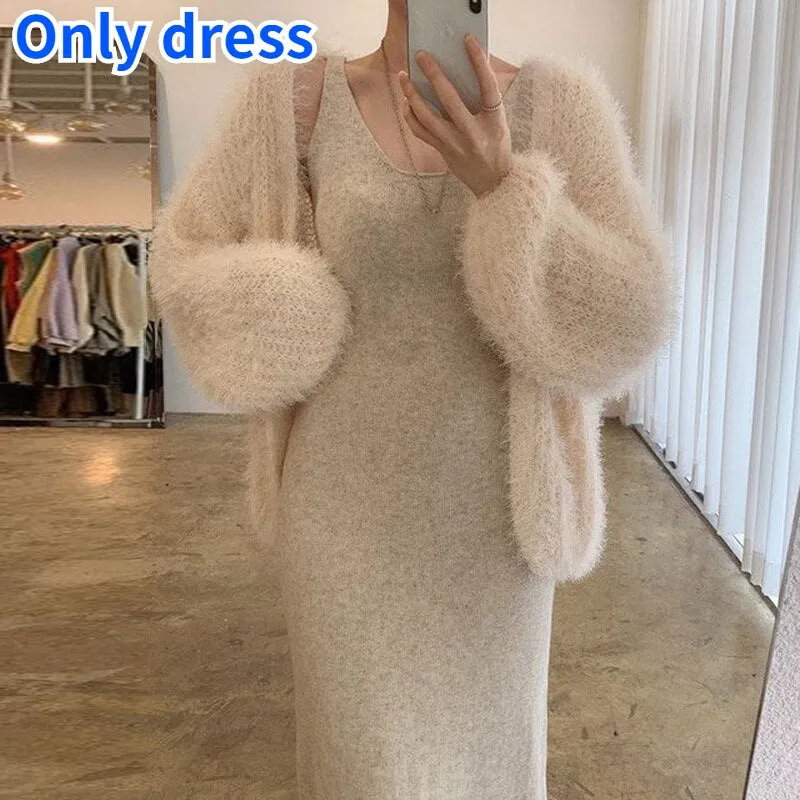 Joskaa 2024 Autumn Winter Gentle Style Dress Two-piece Female Plush Outer Sweater Coat    V-neck Knitted Vest Dresses Women 2pcs