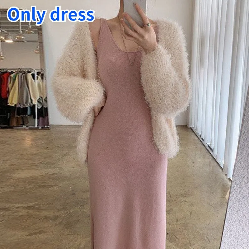 Joskaa 2024 Autumn Winter Gentle Style Dress Two-piece Female Plush Outer Sweater Coat    V-neck Knitted Vest Dresses Women 2pcs