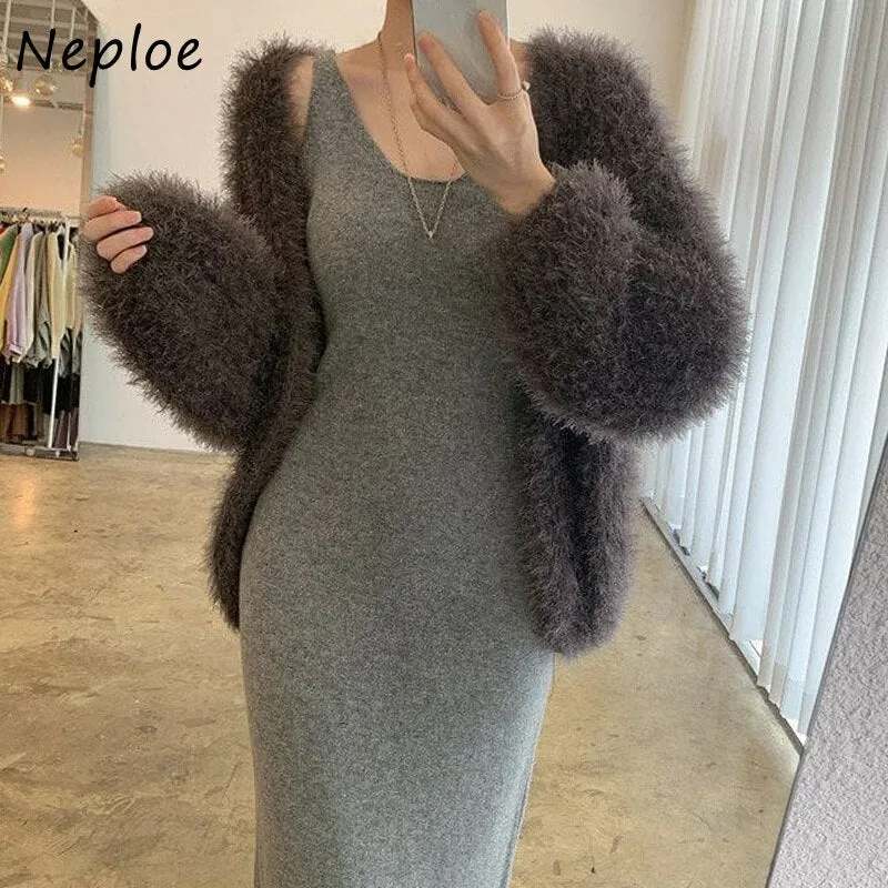 Joskaa 2024 Autumn Winter Gentle Style Dress Two-piece Female Plush Outer Sweater Coat    V-neck Knitted Vest Dresses Women 2pcs