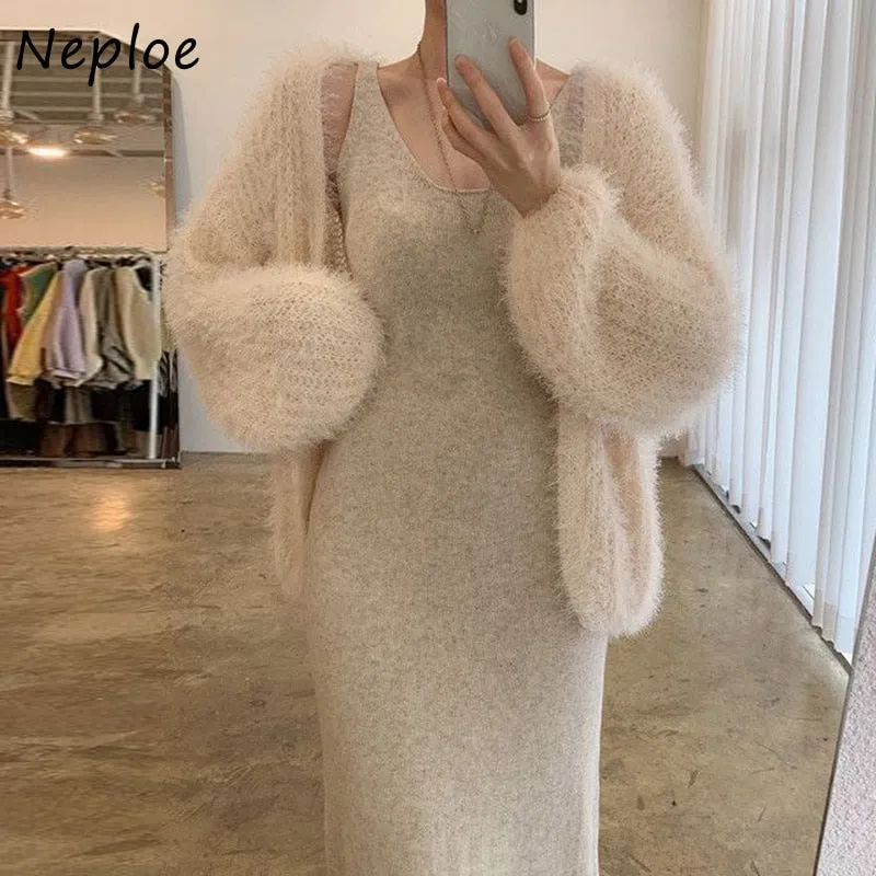 Joskaa 2024 Autumn Winter Gentle Style Dress Two-piece Female Plush Outer Sweater Coat    V-neck Knitted Vest Dresses Women 2pcs