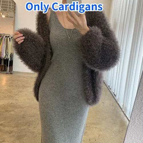 Joskaa 2024 Autumn Winter Gentle Style Dress Two-piece Female Plush Outer Sweater Coat    V-neck Knitted Vest Dresses Women 2pcs