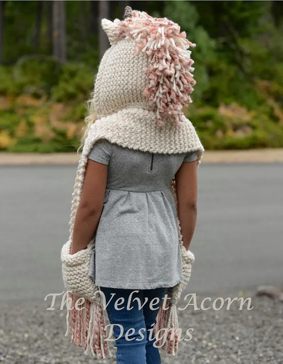 Knitting PATTERN-The Unice Unicorn Hooded Scarf (12/18 months, Toddler, Child, Teen, Adult sizes)