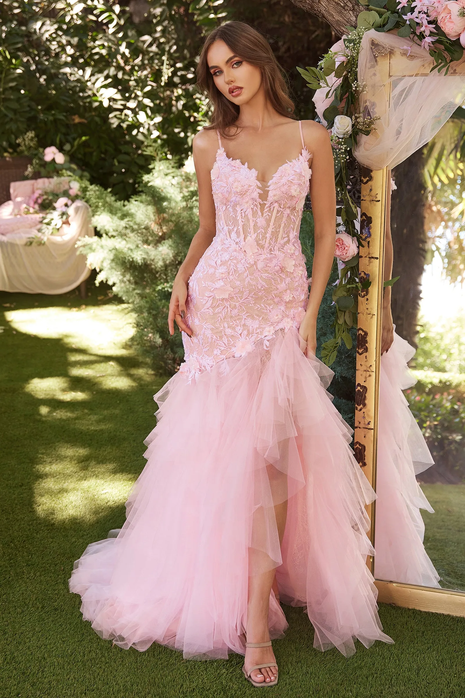 LEXLEY Baby Pink Romantic Floral Applique Tulle Mermaid Prom & Formal Dress