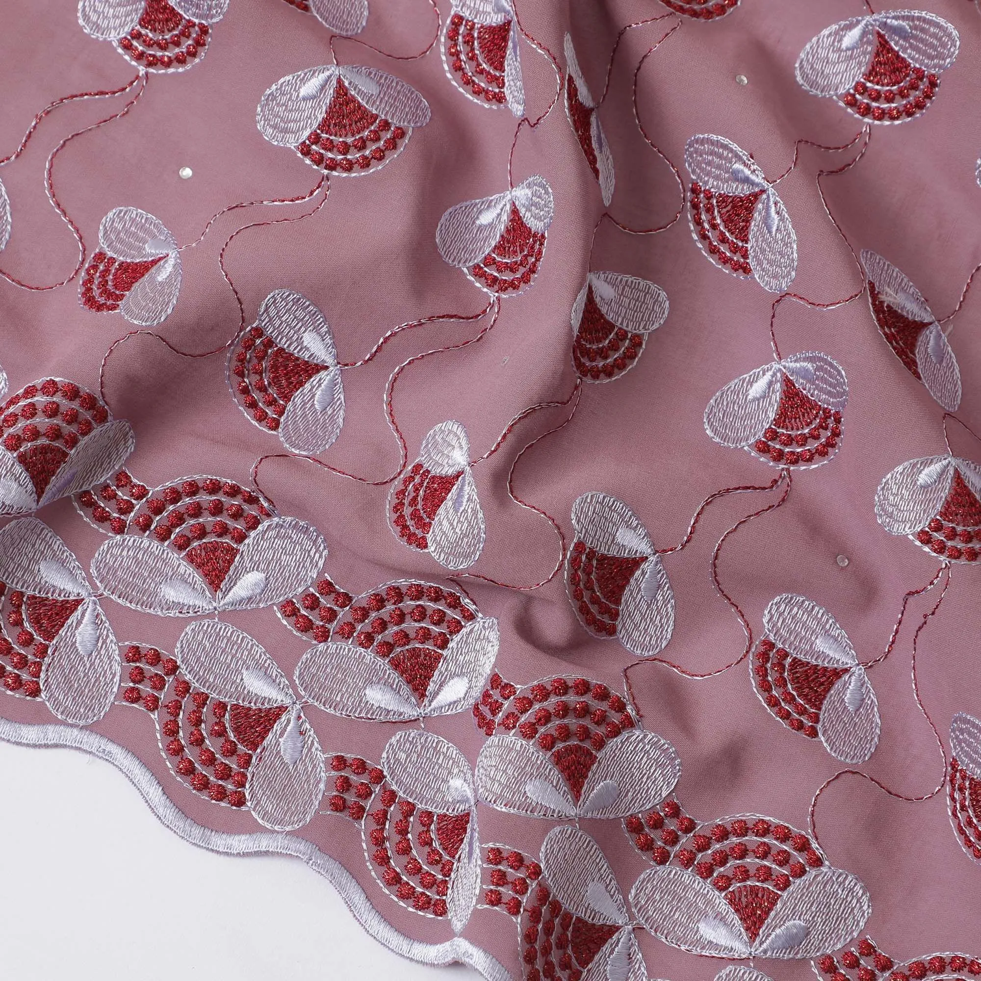 Light mauve Premium Swiss cotton voile thobe with powder blue and crimson red embroidery in Leaf design having stone work-D11624