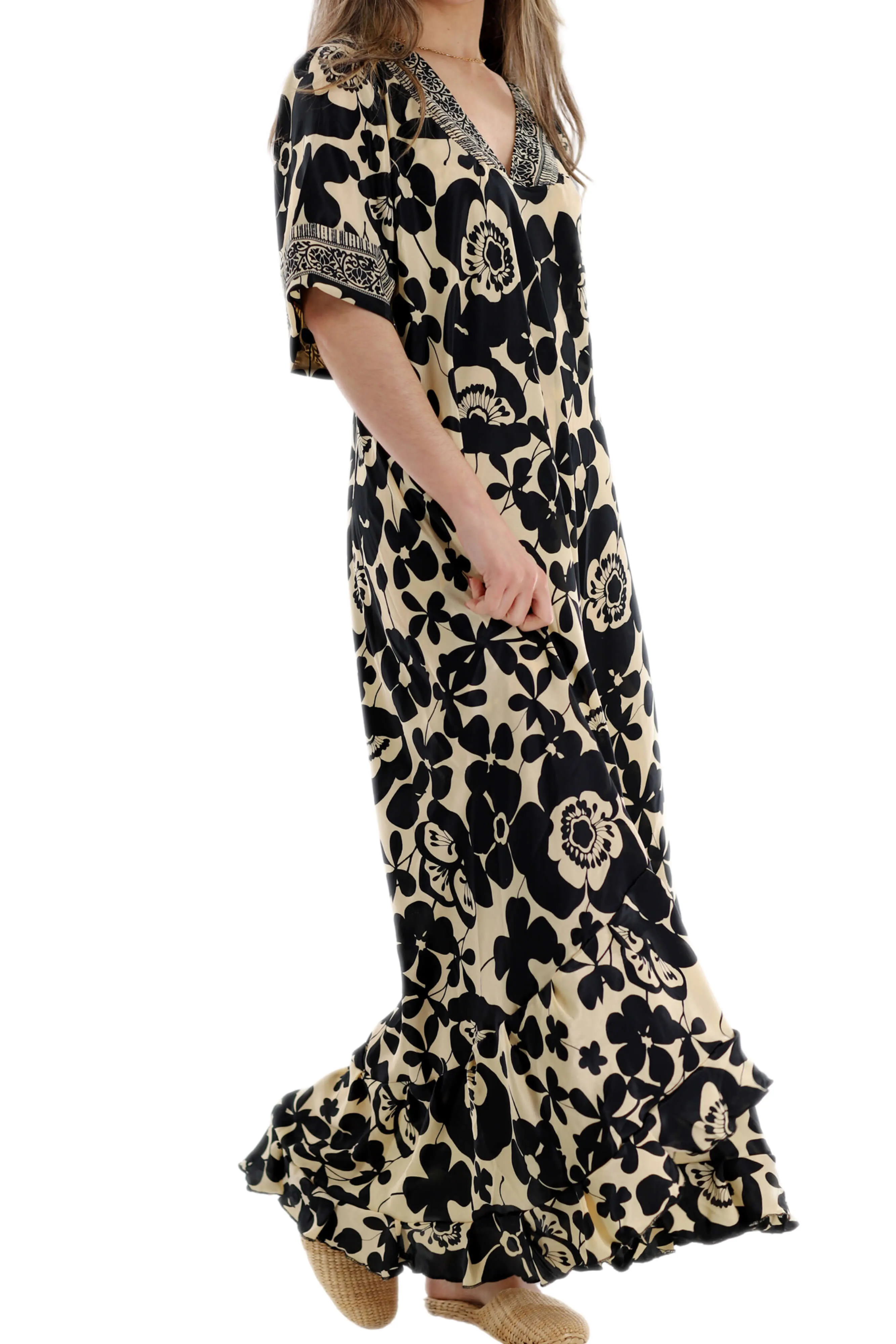 Long Flowy Floral 'Elisa' Maxi Dress in Gold