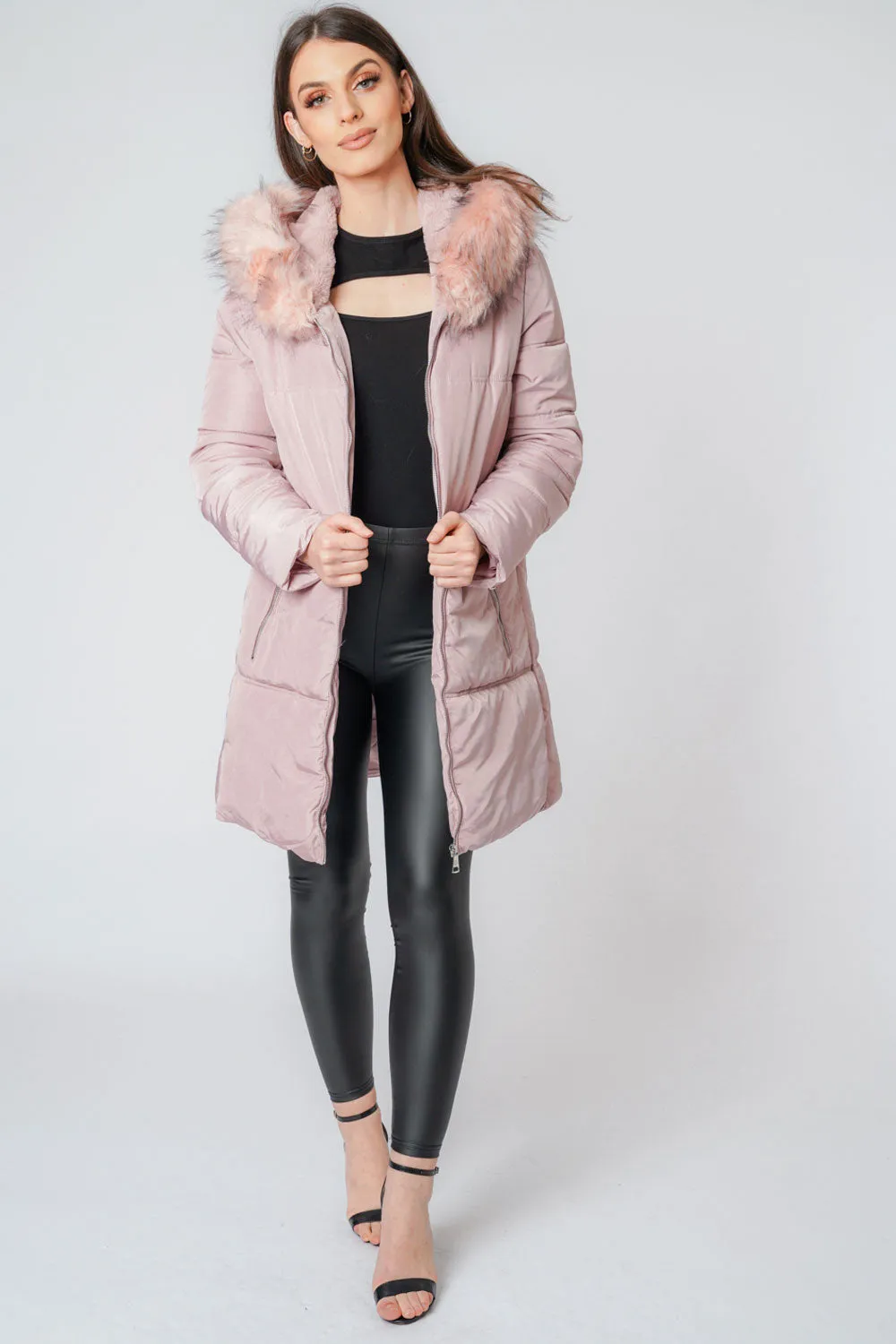 Long Quilted Faux Fur Hooded Coat