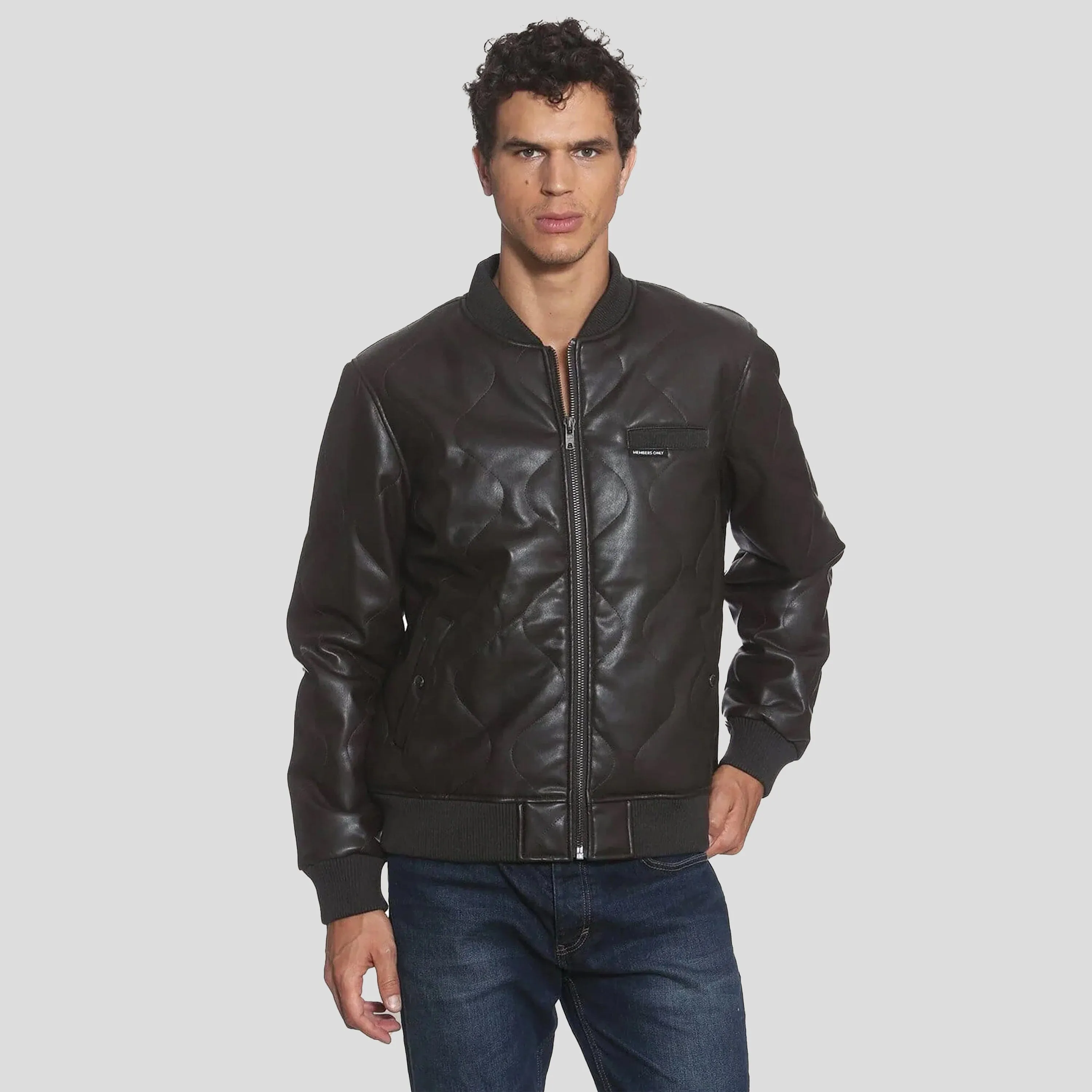 Members Only Men's Faux Leather Oval Quilted Bomber Jacket