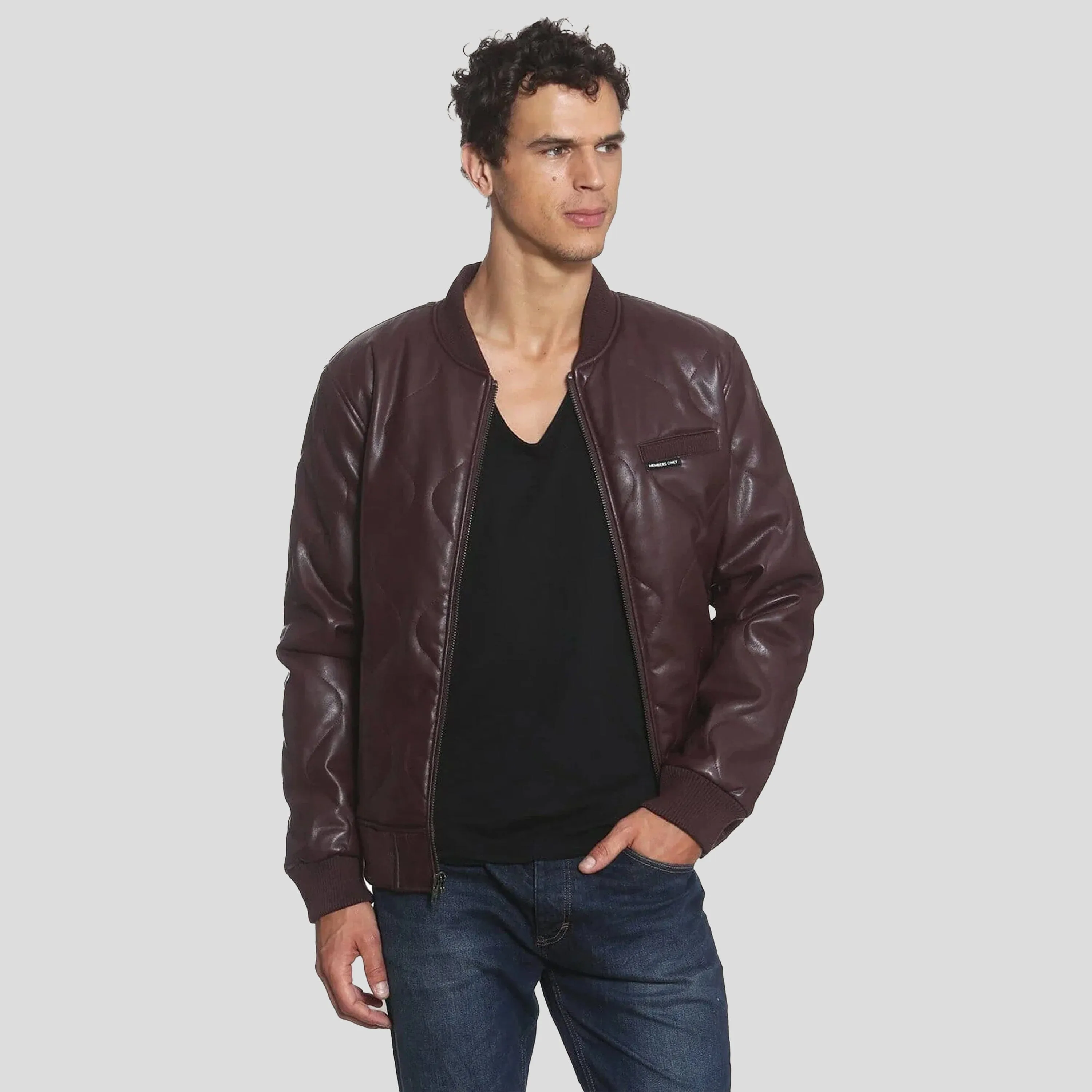 Members Only Men's Faux Leather Oval Quilted Bomber Jacket