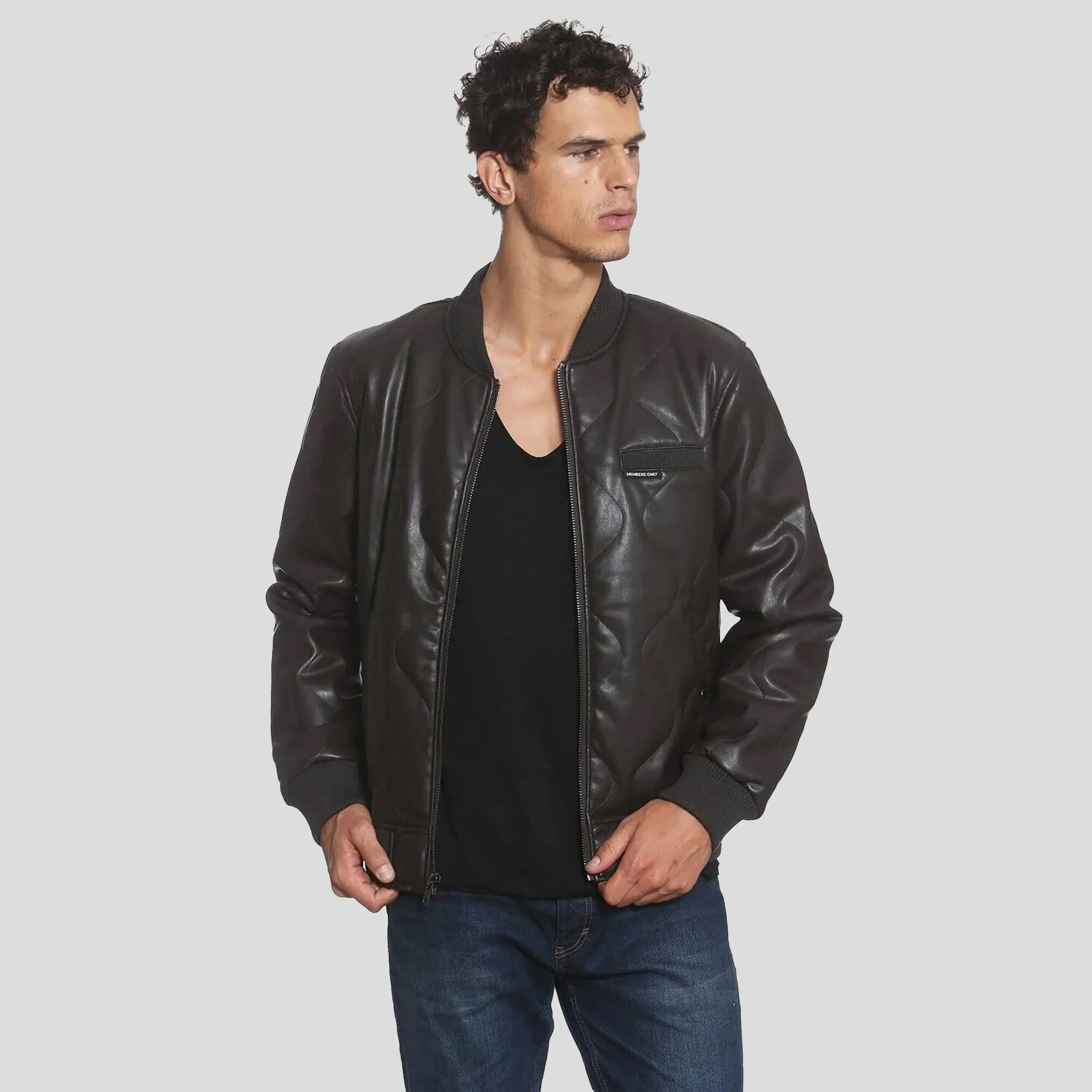 Members Only Men's Faux Leather Oval Quilted Bomber Jacket