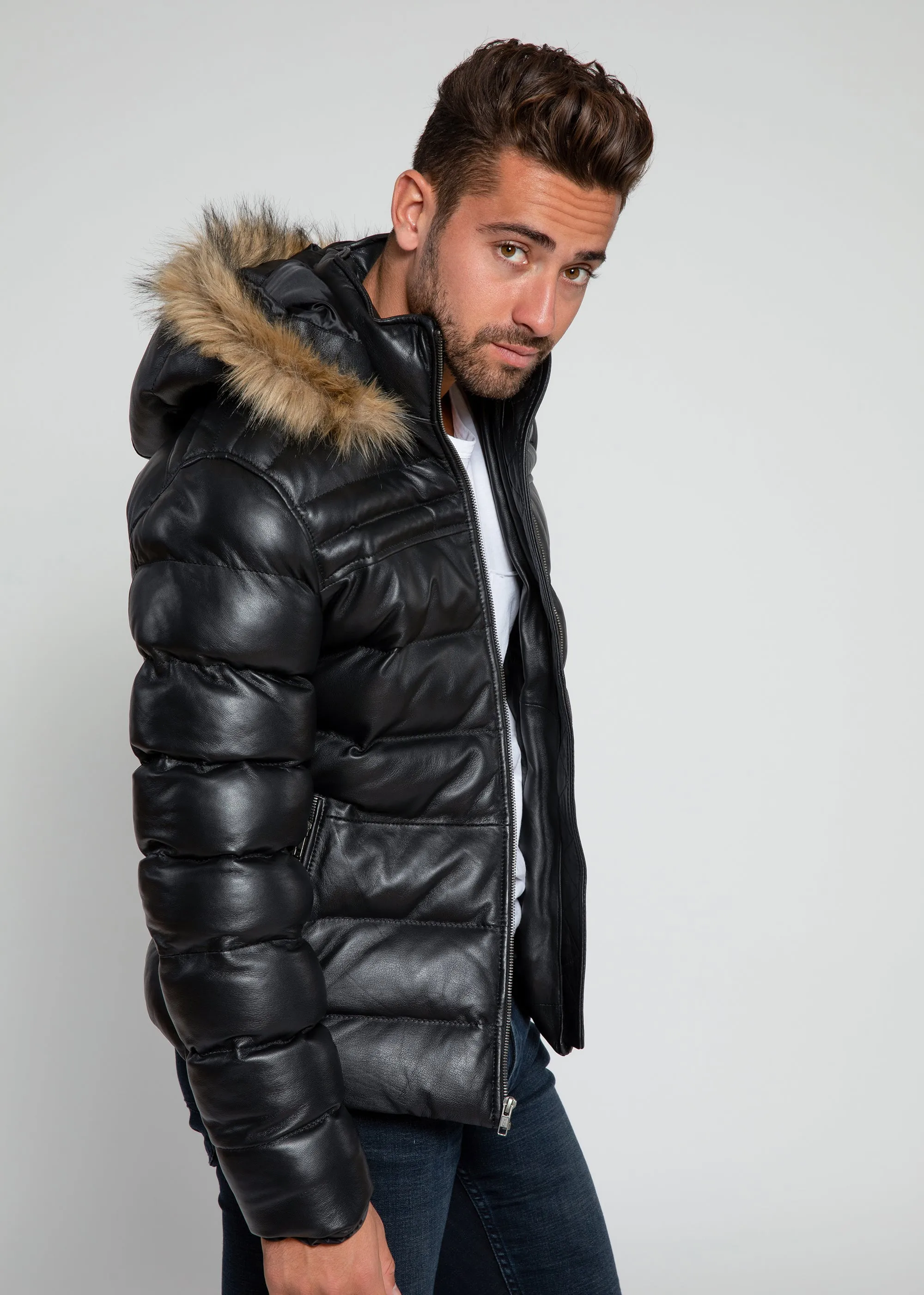 Men's Crimson Puffer Winter Down Leather Jacket with Fur