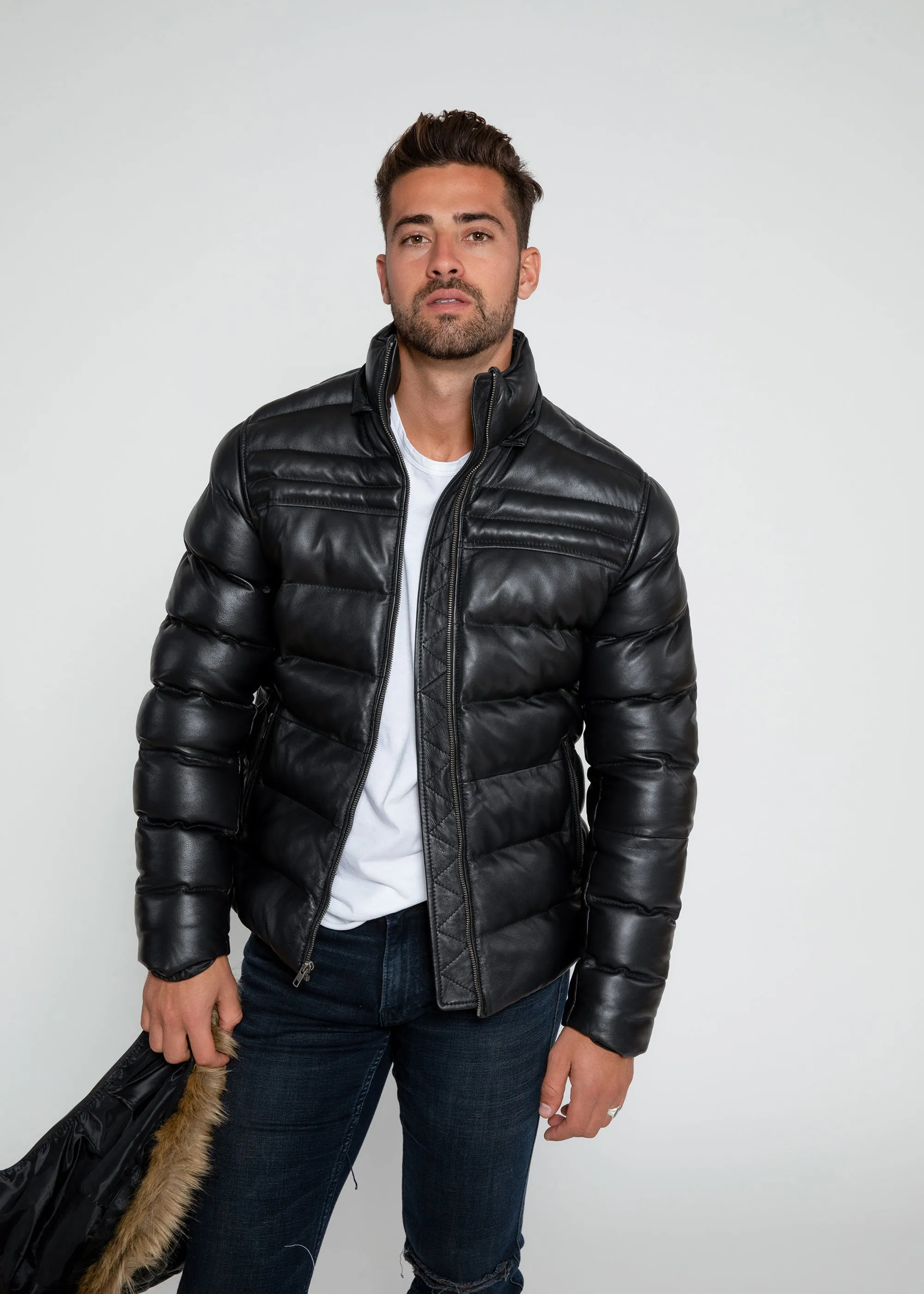 Men's Crimson Puffer Winter Down Leather Jacket with Fur