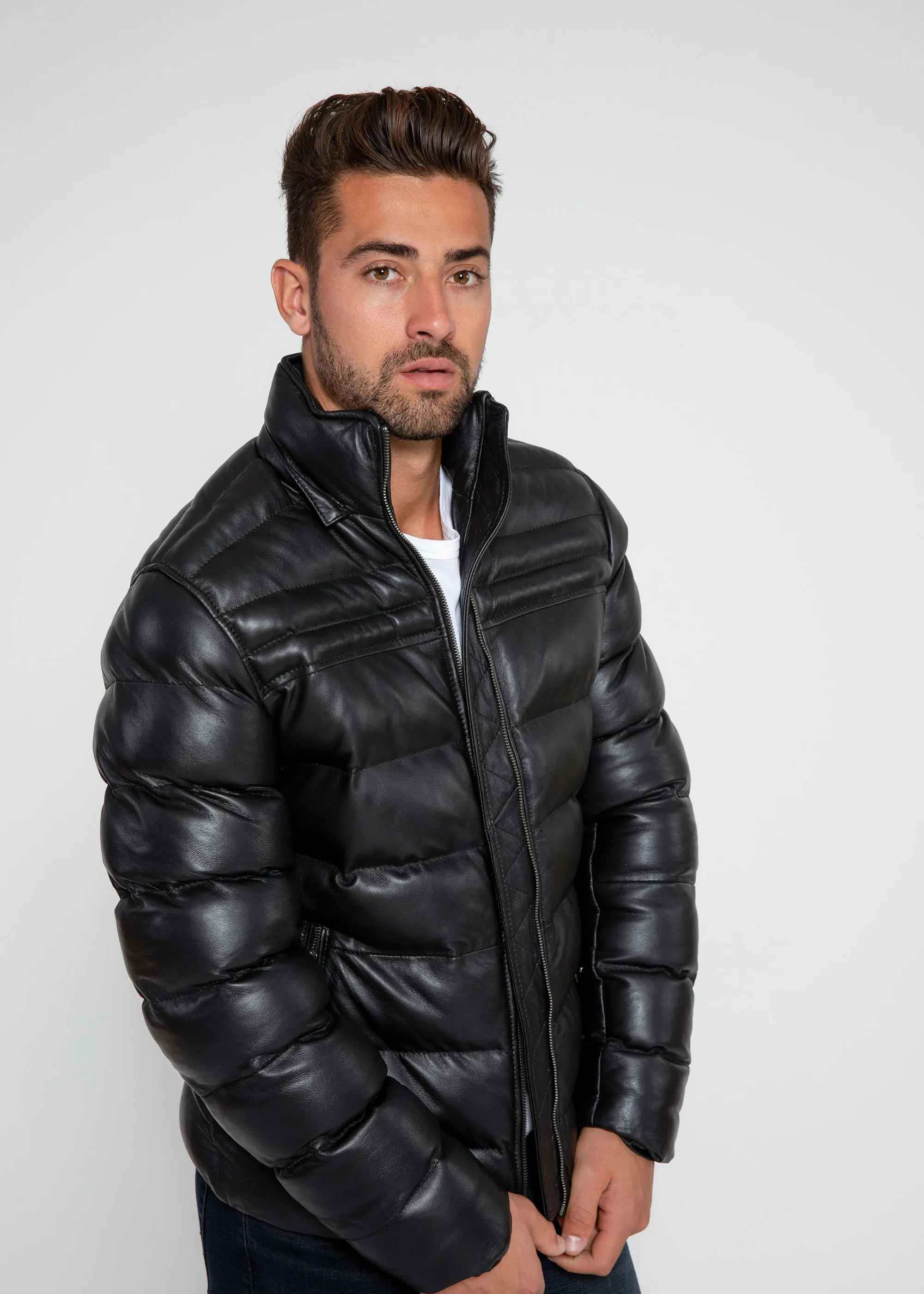 Men's Crimson Puffer Winter Down Leather Jacket with Fur