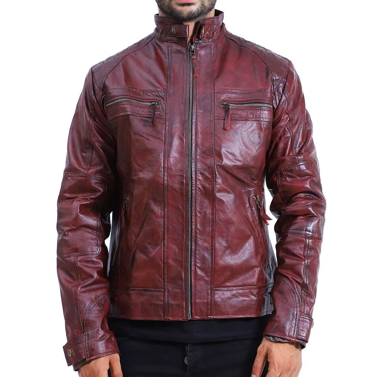 Men's Quilted Maroon Cafe Racer Leather Jacket