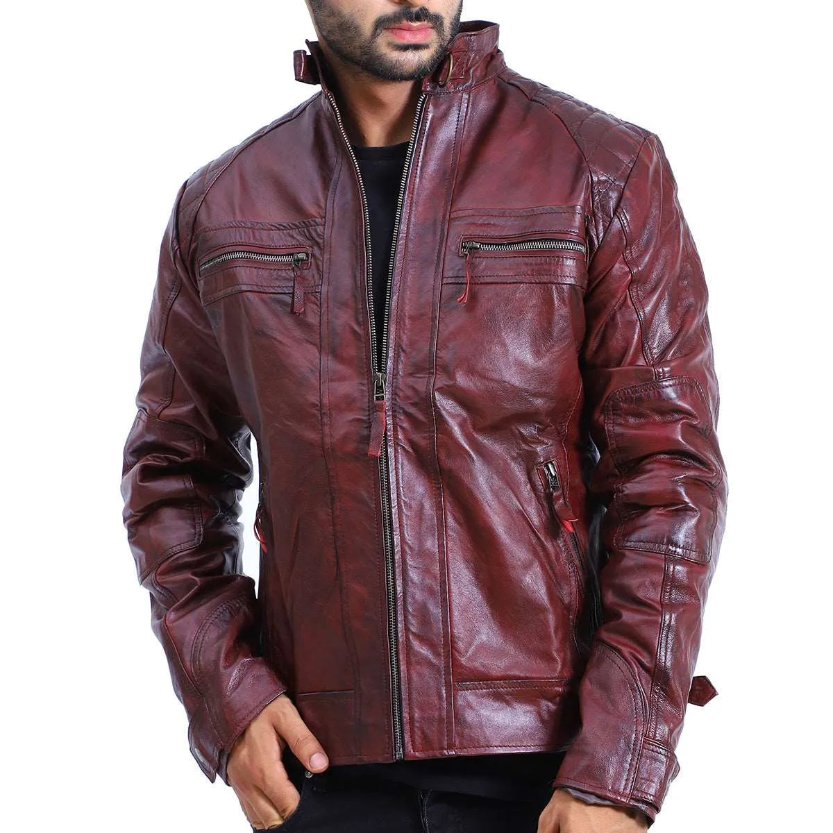 Men's Quilted Maroon Cafe Racer Leather Jacket