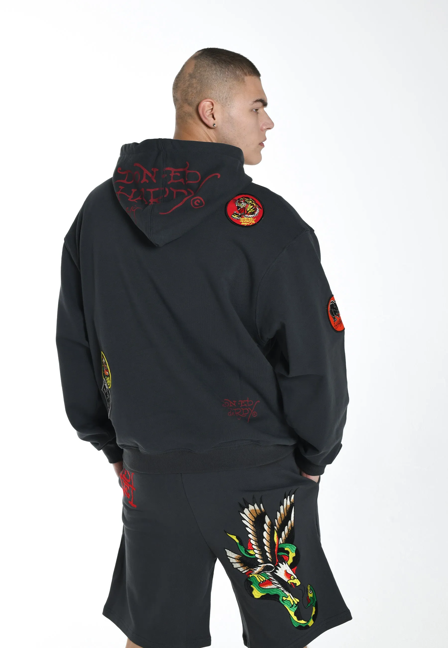 Mens Tiger-Tatt-Patch Graphic Hoodie - Black