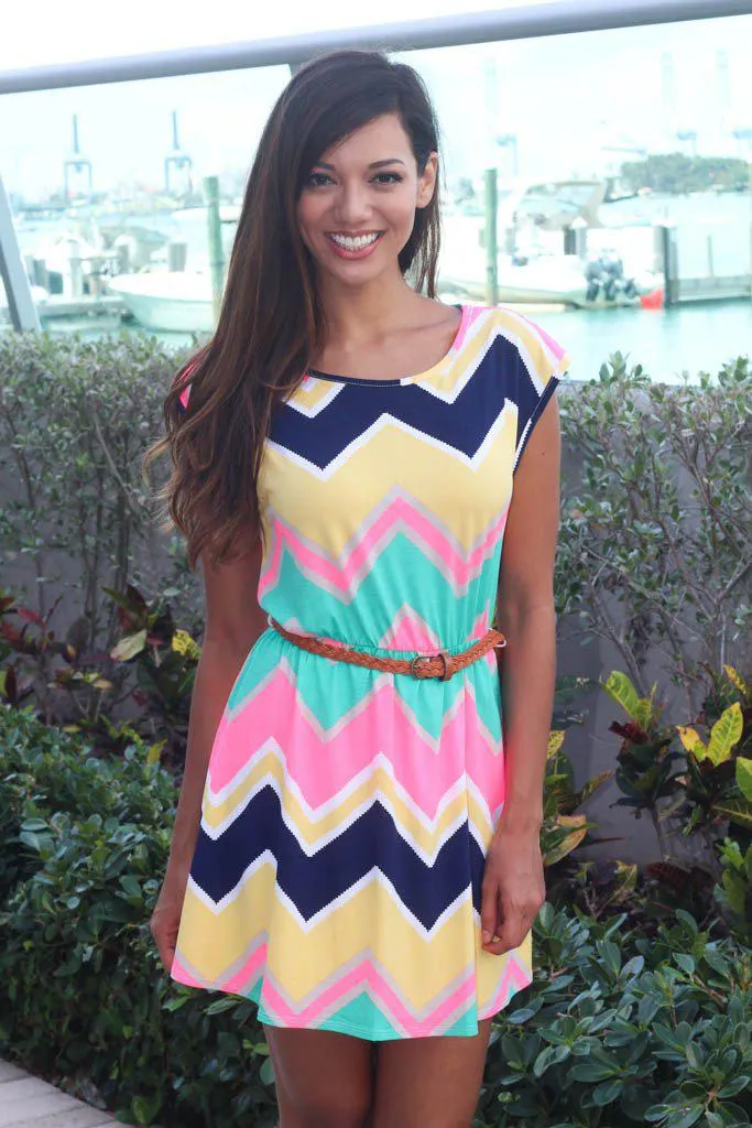 Multicolor Chevron Short Dress with Belt