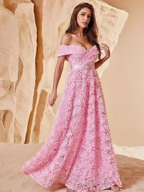 Off Shoulder Rhinestone Detail Belted 3D Flower A-Line Dresses