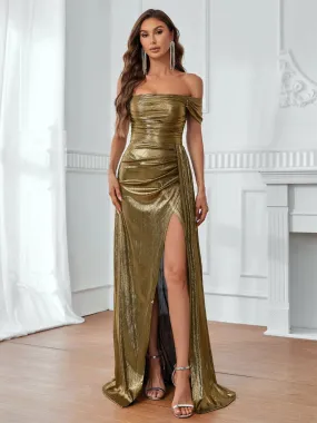 Off Shoulder Ruched Front Draped Side Metallic Party Dress