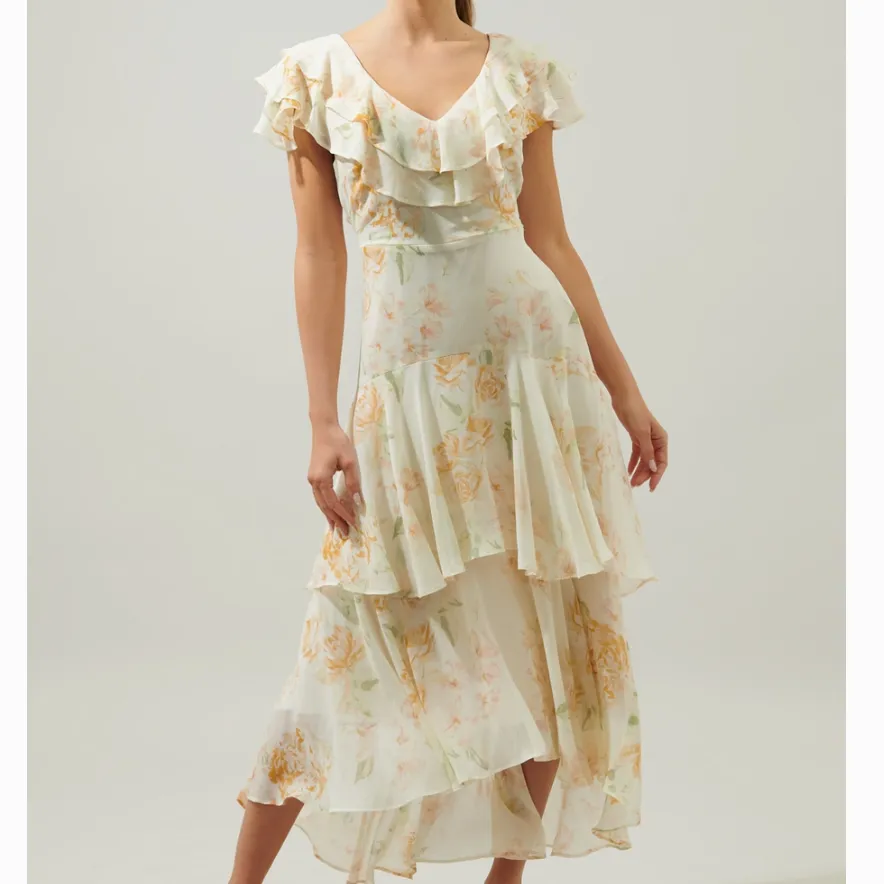 Once Upon A Time Ruffle Tiered Floral Ivory Midi Dress