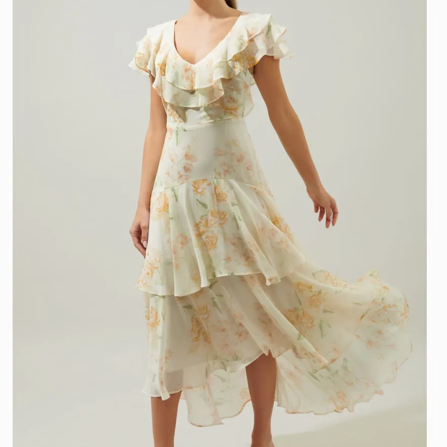 Once Upon A Time Ruffle Tiered Floral Ivory Midi Dress