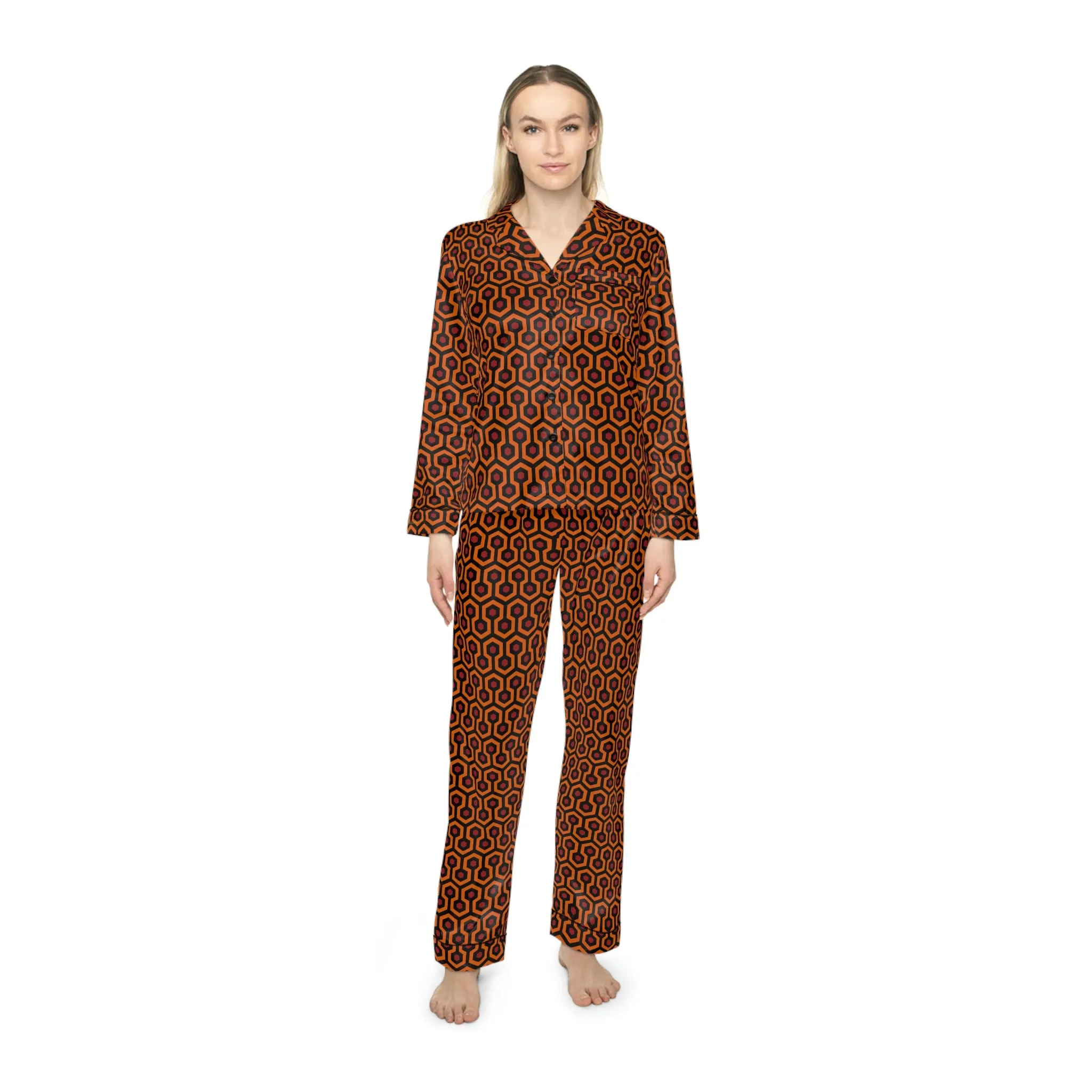 Pajama Game in Hotel Hexagon Satin 2 Piece Button Up PJ Set | Pinup Couture Relaxed