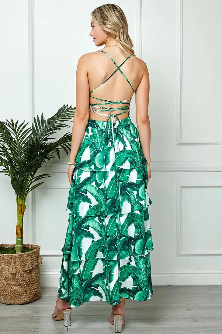 Palm Print Open Back Maxi Dress