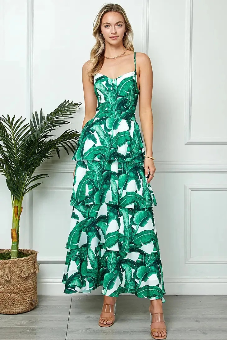 Palm Print Open Back Maxi Dress