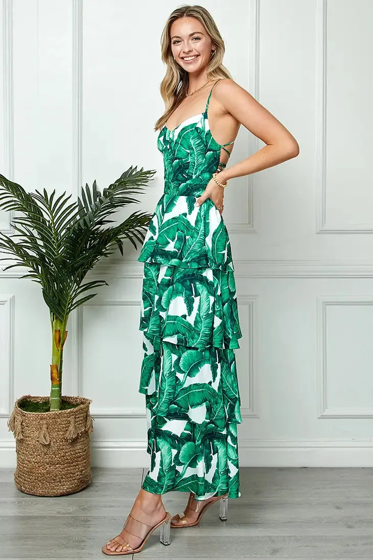 Palm Print Open Back Maxi Dress