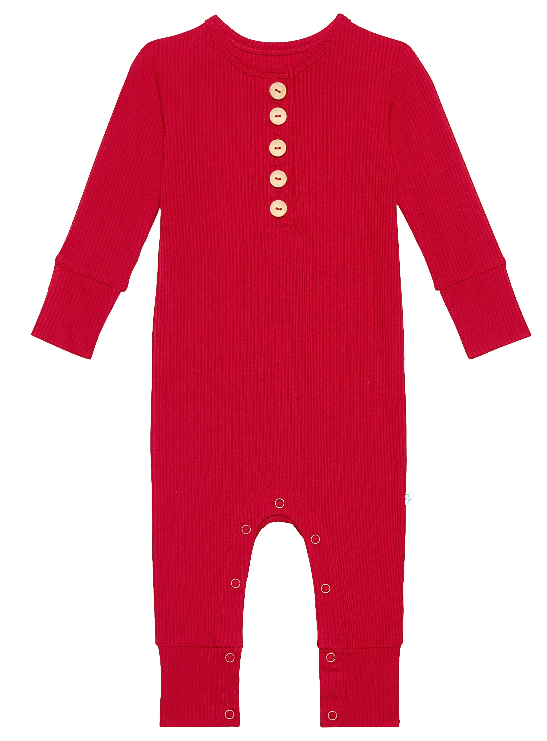 Posh Peanut Solid Ribbed Crimson L/S Henley Romper