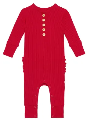 Posh Peanut Solid Ribbed Crimson L/S Ruffled Henley Romper